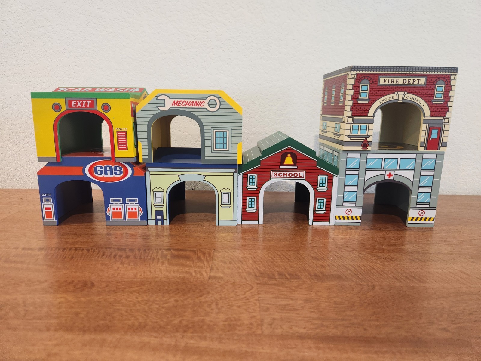 Lot of 7 Lakeshore Learning Wood Toy Block Party Buildings Drive Through