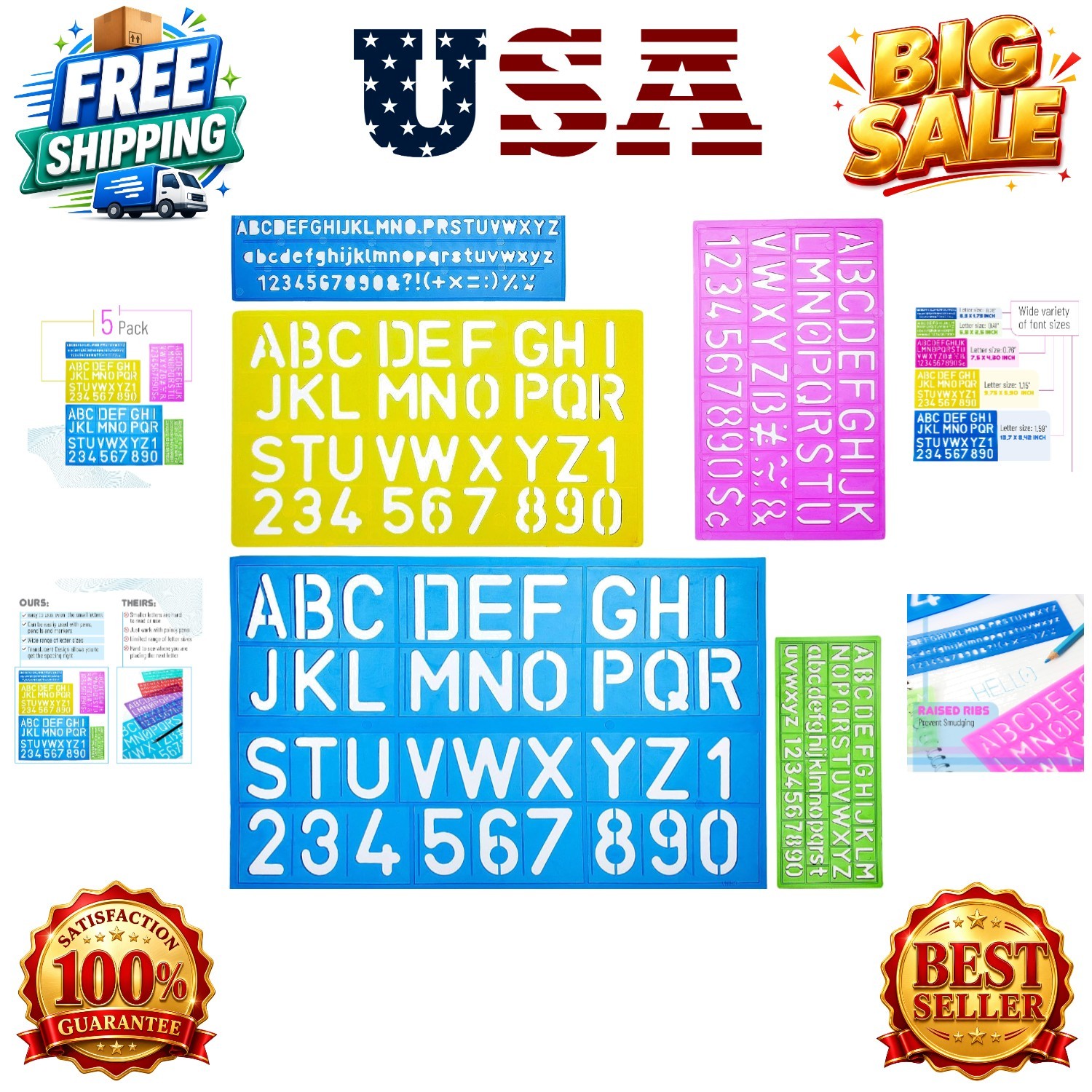 Letters and Numbers Alphabet Templates, Letter Stencils, Pack of 5