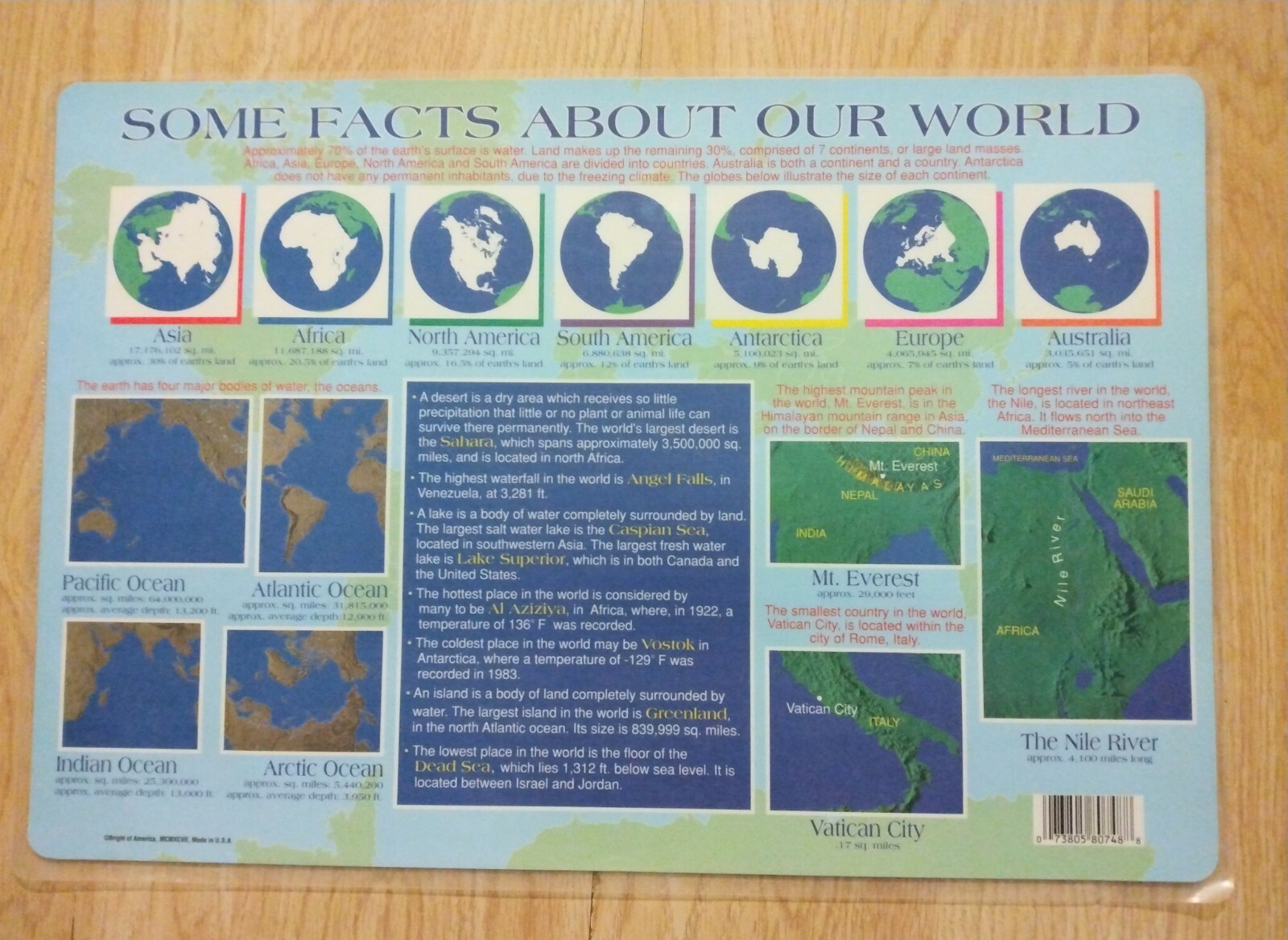 Lot of 2 1997 Educational Geography World Map United States Place Mats
