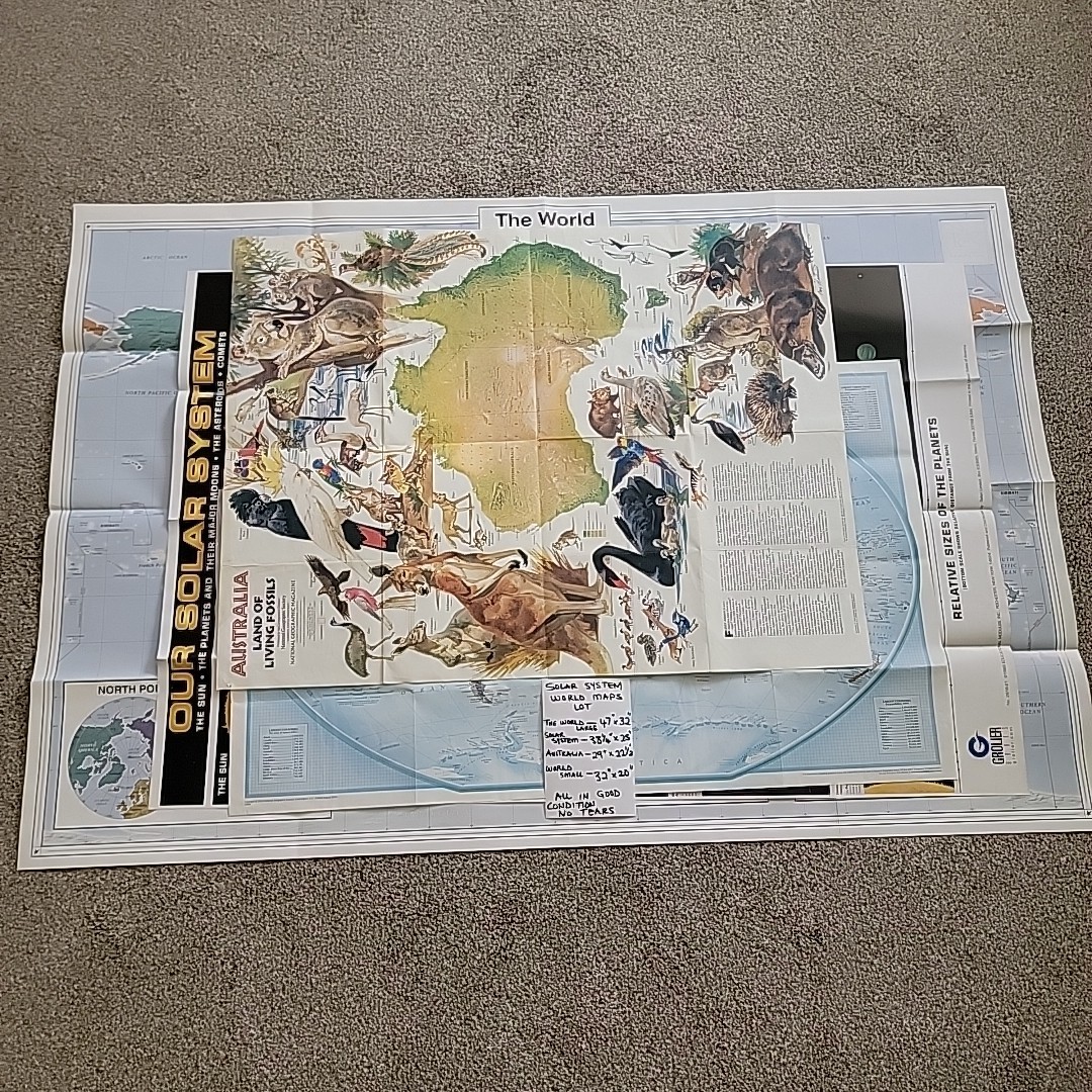 4 VTG Solar System Chart World Maps Large Wall Posters Australia Double Side