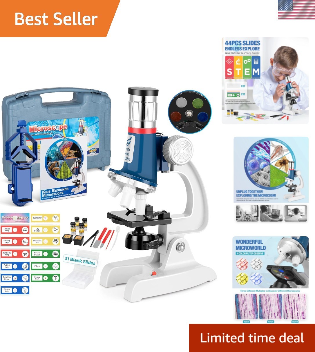 58-Piece Kids Microscope Kit – 100X-1200X Magnification, Metal Body, LED Ligh…