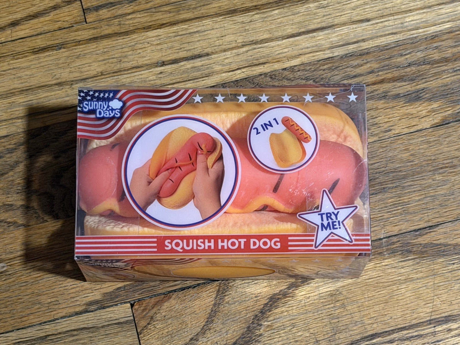 Squishy Hot Dog Squeezy Fidget Toy Sunny Days 2-in-1 Hotdog Stress Relief NEW