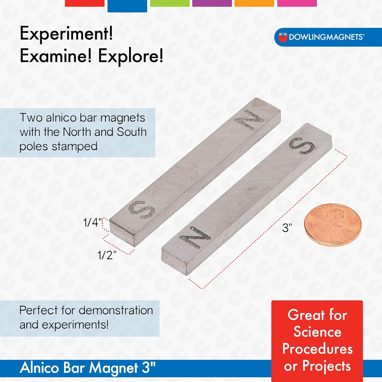 Dowling Magnets 3 Inch Alnico Bar Magnets Set of 2 North and South Poles Mag New