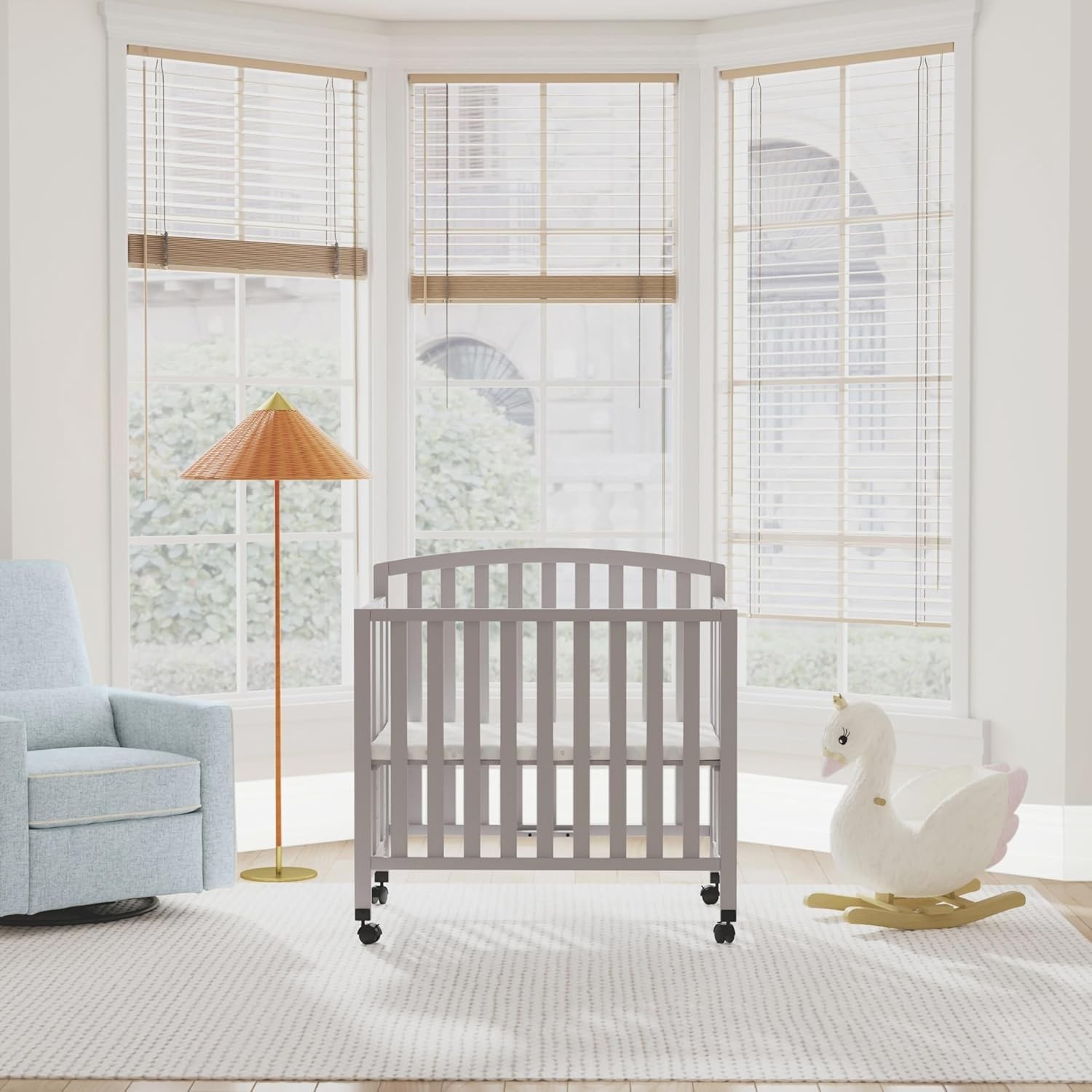 Dylan Folding Portable 3-in-1 Convertible Mini Crib and Twin Bed in Grey, Gre…