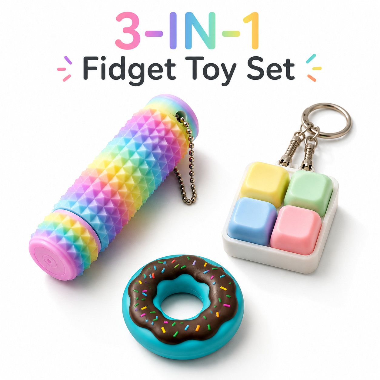 3Pcs Fidget Toys Pain Stimming 4 Button Clicker Keyboard Donut Magnetic Slider