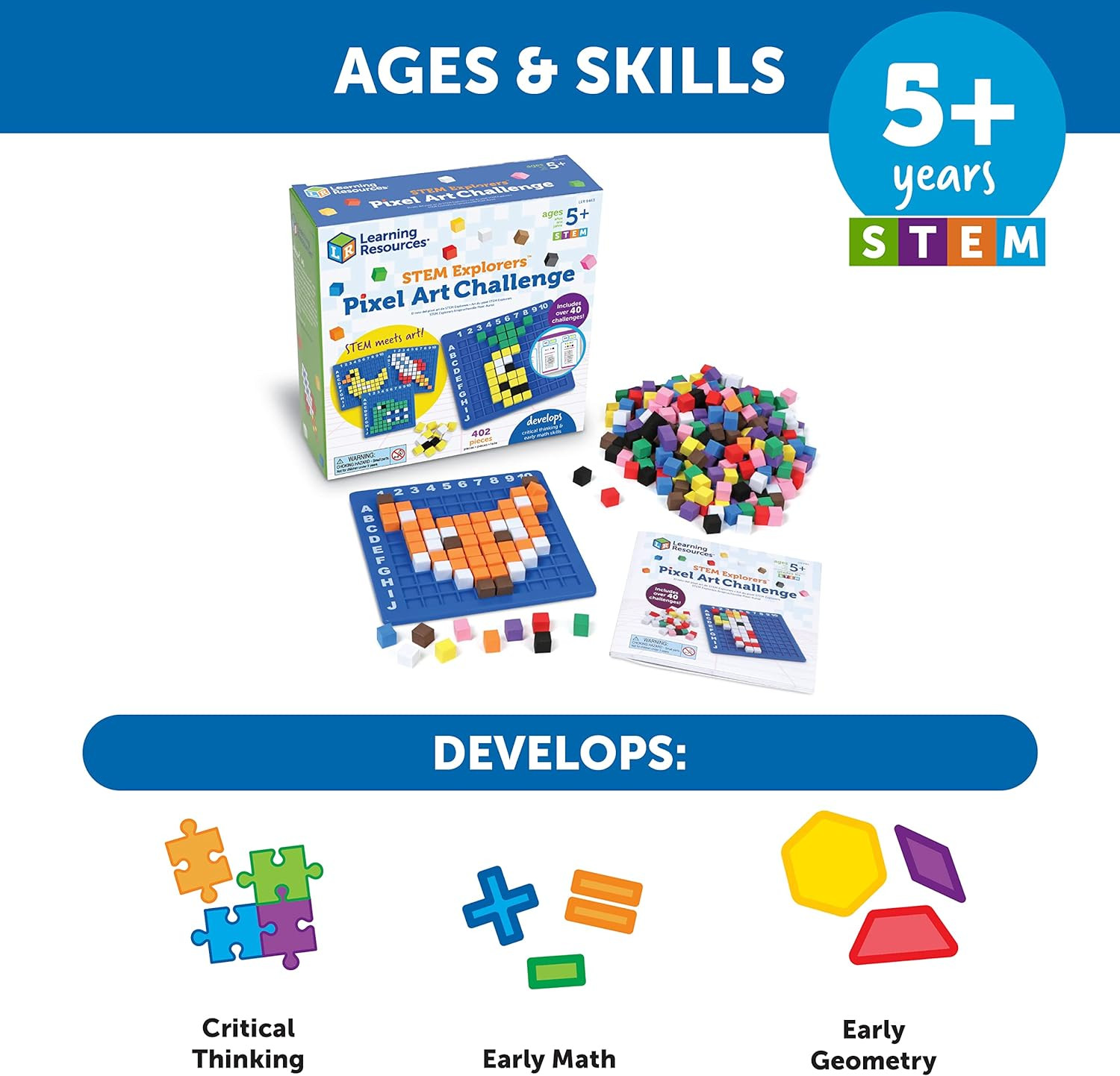 STEM Explorers Pixel Art Challenge – Math Puzzles, Pattern Blocks, Sensory Bin,