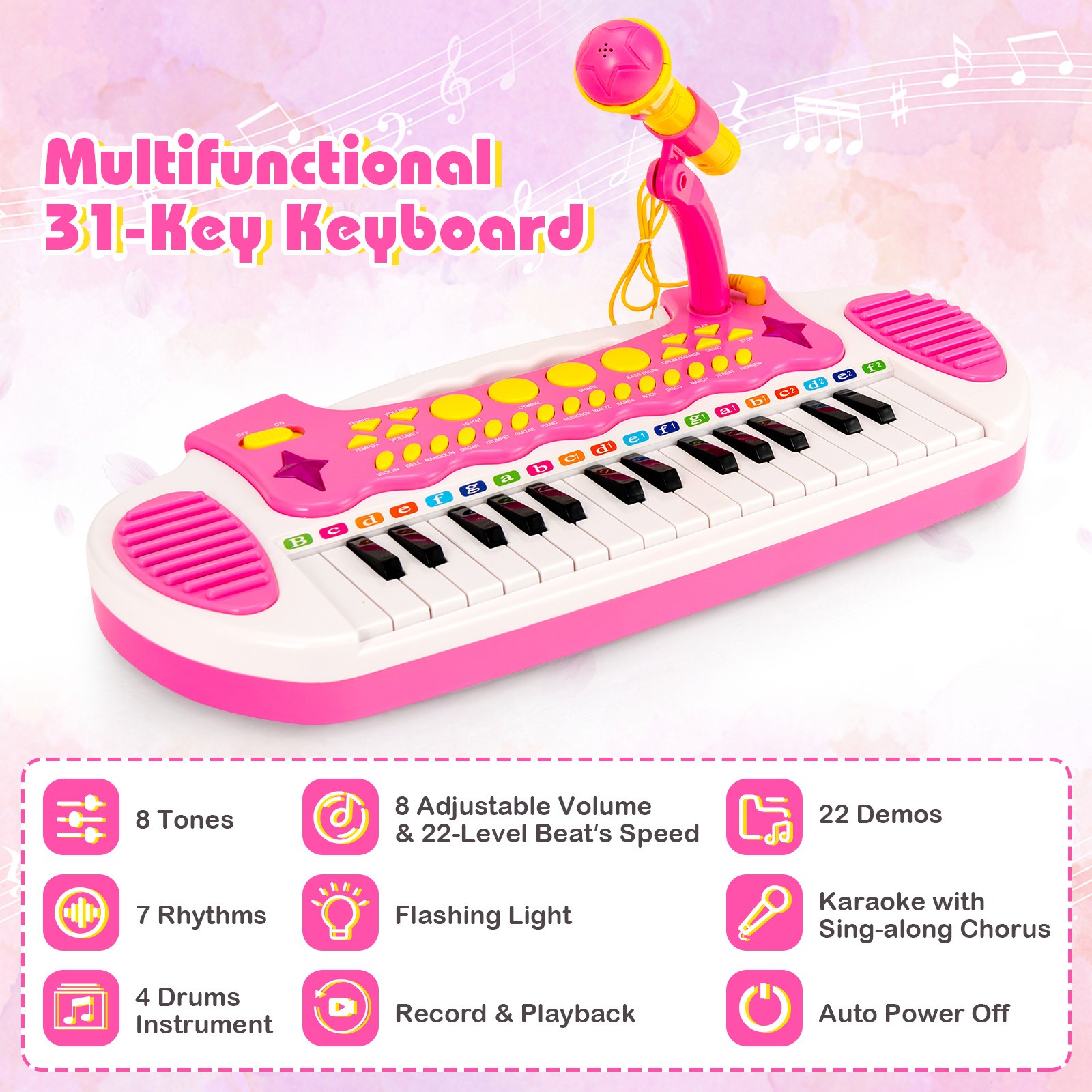 31-Key Kids Piano Stool Set w/ 8 Tones&4 Percussion Instruments &7 Rhythms Pink