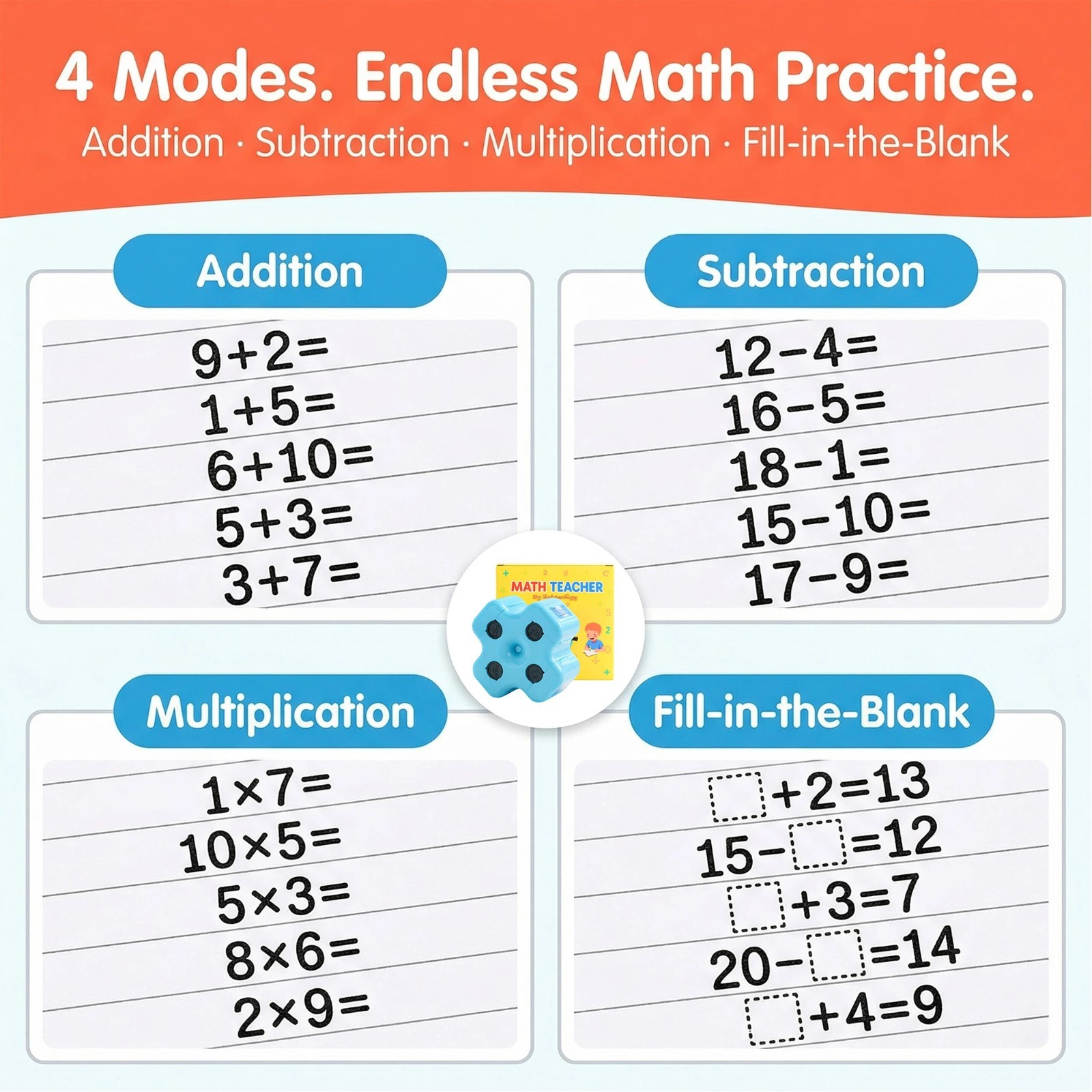 GoldenEgg Math Teacher 4-in-1 Stamp Roller for Kids Ages 5-10 (SKY BLUE)