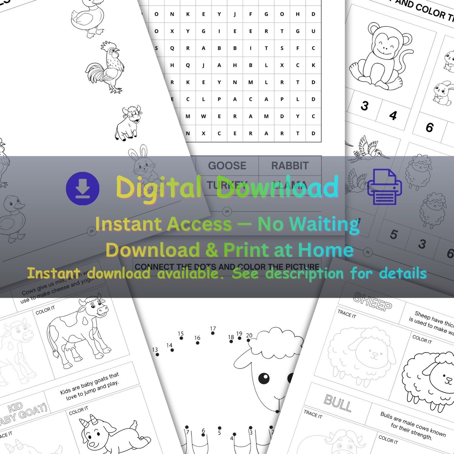 Farm Animals Activity & Coloring Book for Kids-Educational Printable Worksheets