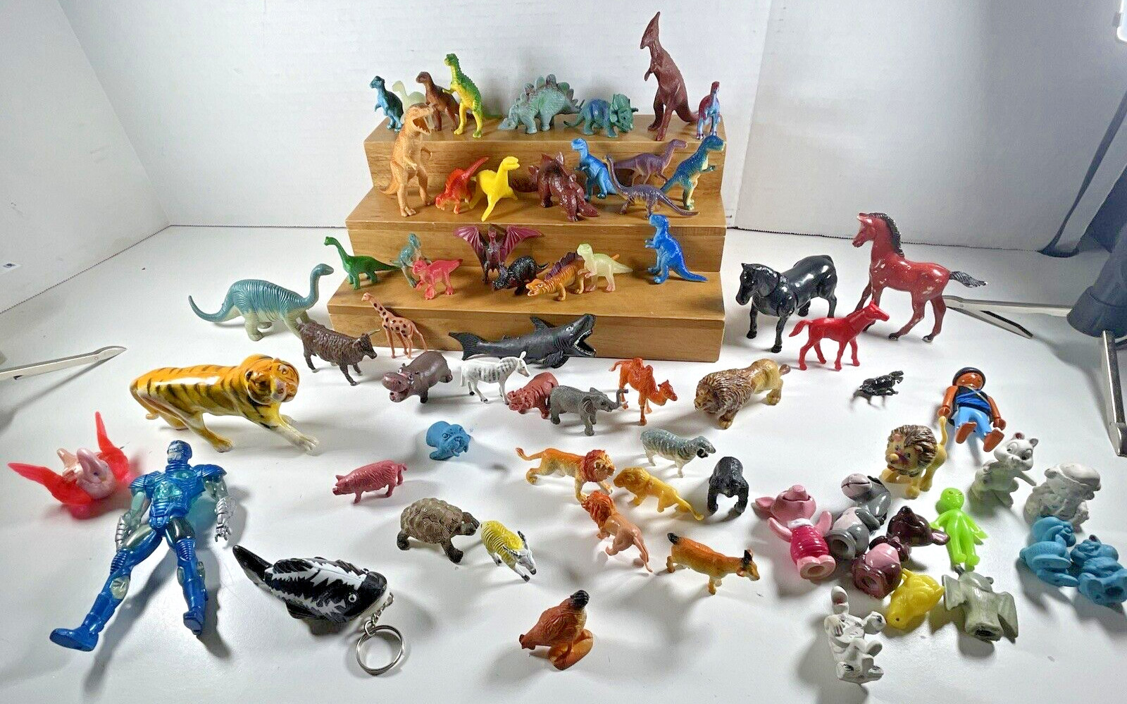 Estate TOY BOX LOT of 65 Miniature Toy Plastic Animal, Dinos + Figures