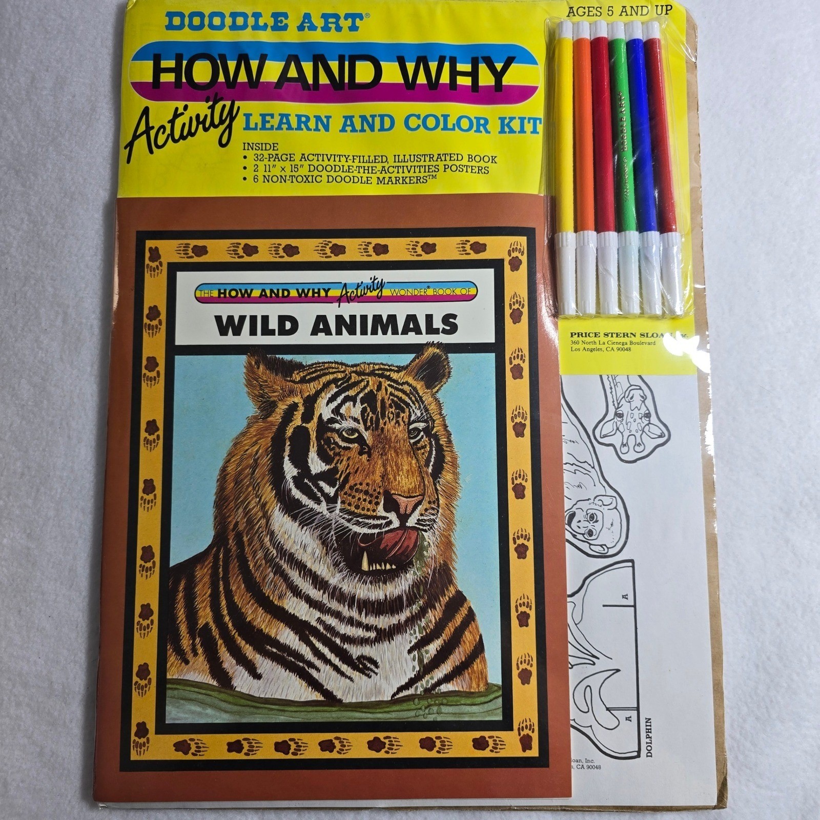 VTG 1987 Doodle Art Poster Wild Animals Activity Kit Book Markers Learn Color