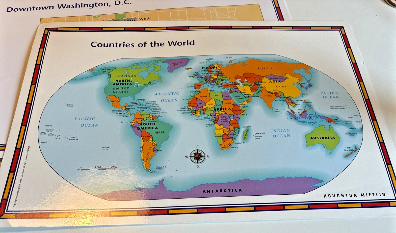 Set of 2 Houghton Mifflin Countries World Double Side Map 11”x17”, Downtown DC