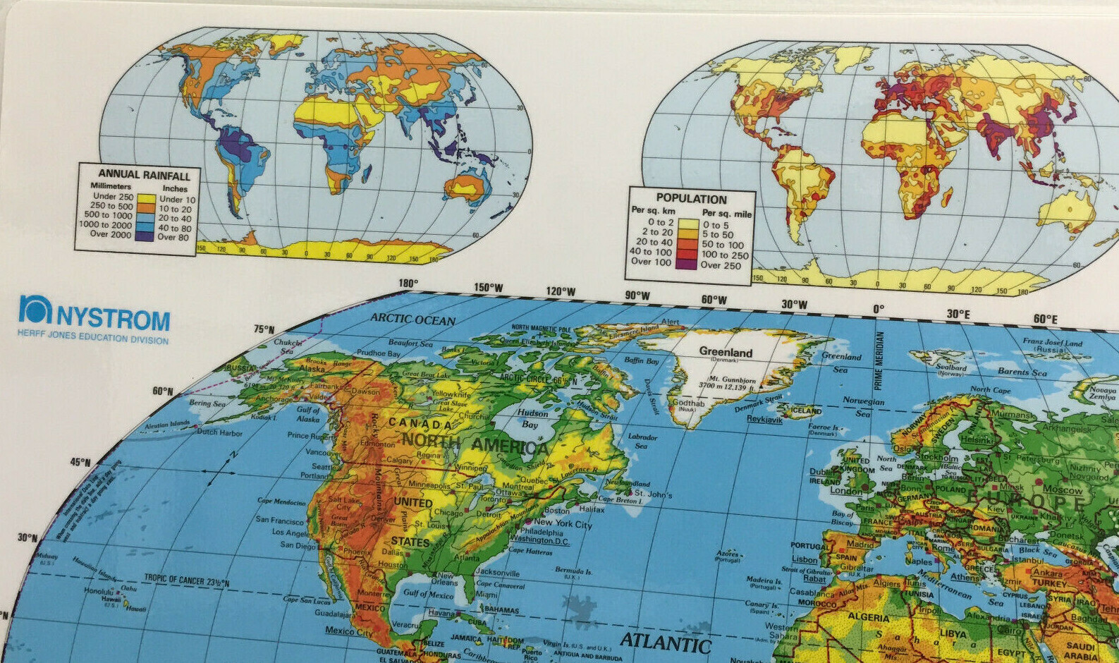 Nystrom Physical Landscape Laminated World Map 2-Sided 22″ X 17.5″ Very Clean