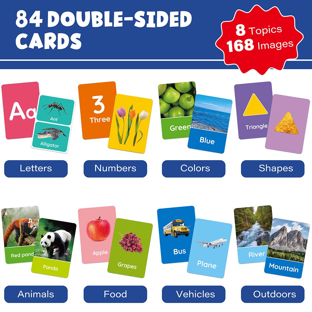 84 Double-Sided 168 Images Educational Flash Cards Alphabet Number Animal Shape