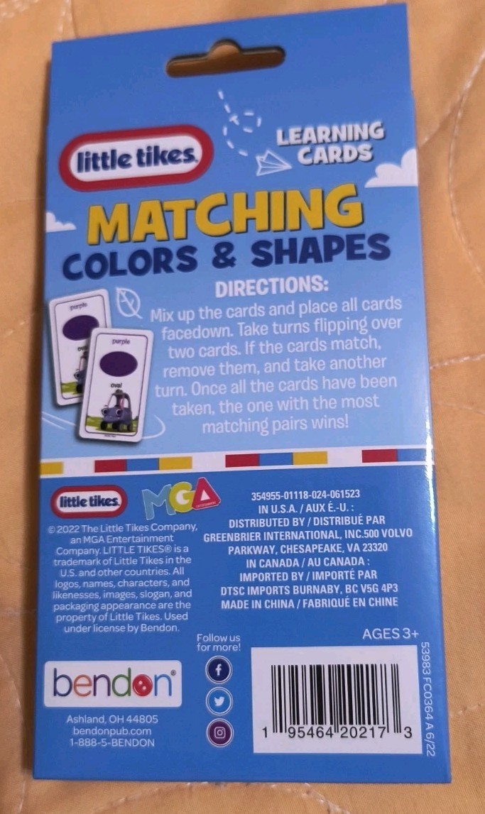Little Tikes Matching Shapes and Colors Learning Cards (36 Ct) New Free Shipping