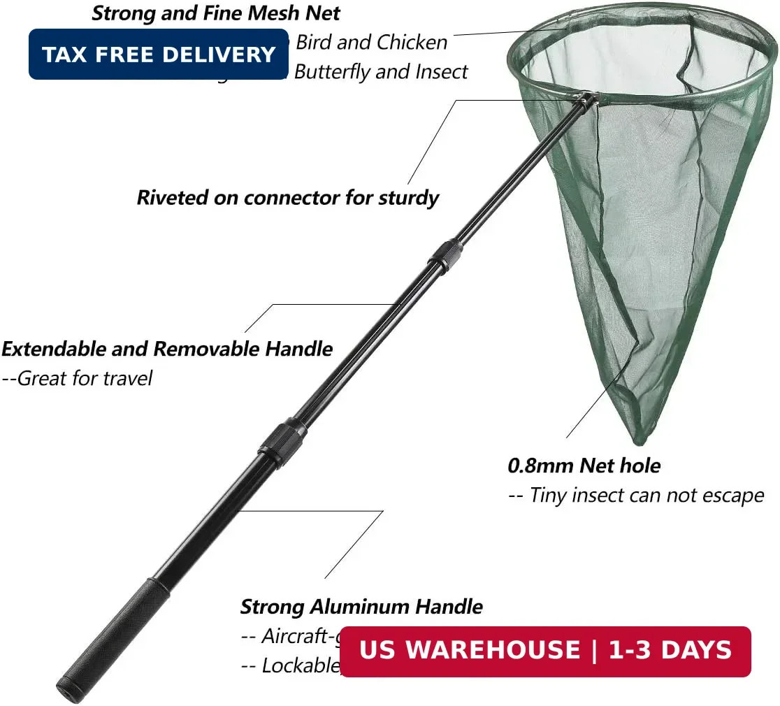 Professional Insect and Butterfly Net with 14″ Stainless Ring, 26″ Net Depth, St