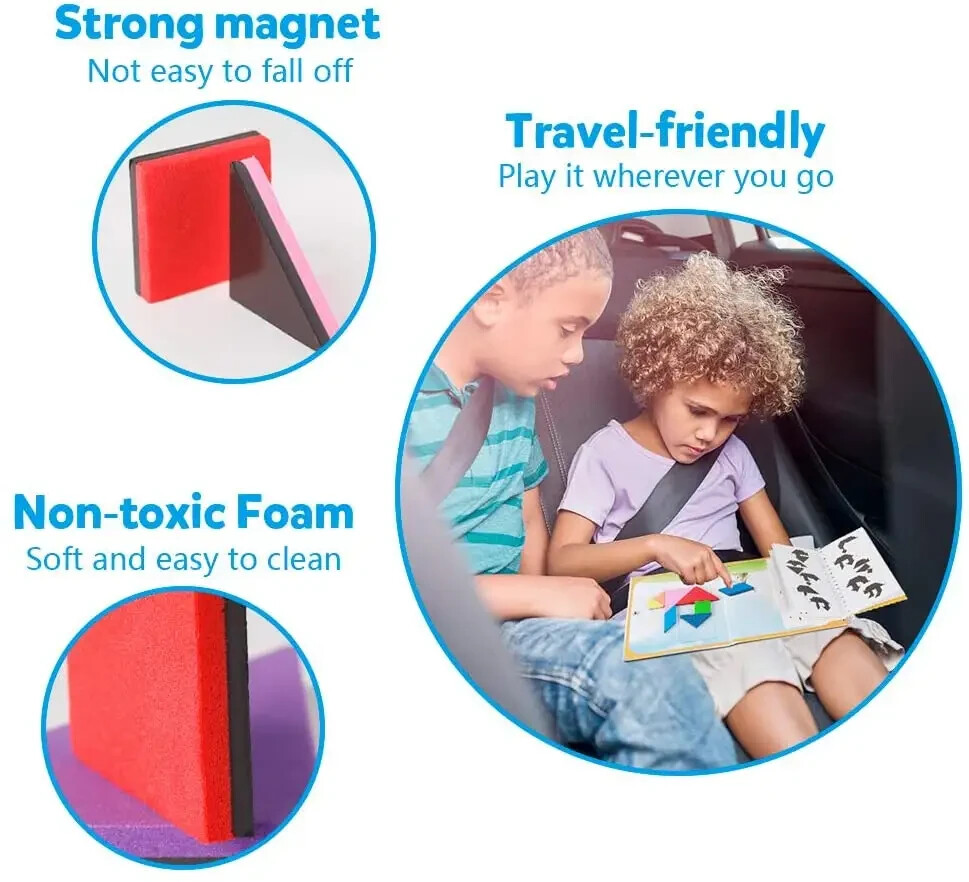 Magnetic Travel Tangram Book STEM Game Puzzle Shape Kids 3+ IQ Educational Toy