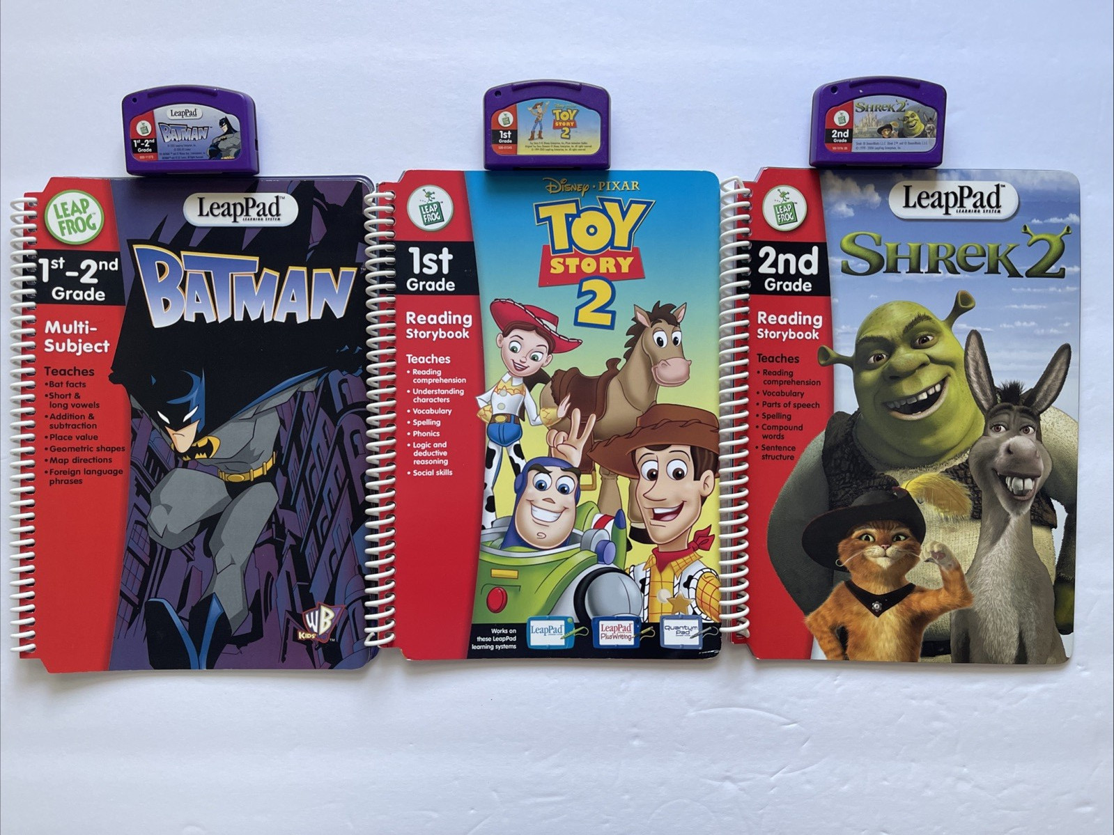 Leap Frog Pad 1st 2nd Grade Shrek 2, Toy Story 2, Batman Books & Cartridges Good