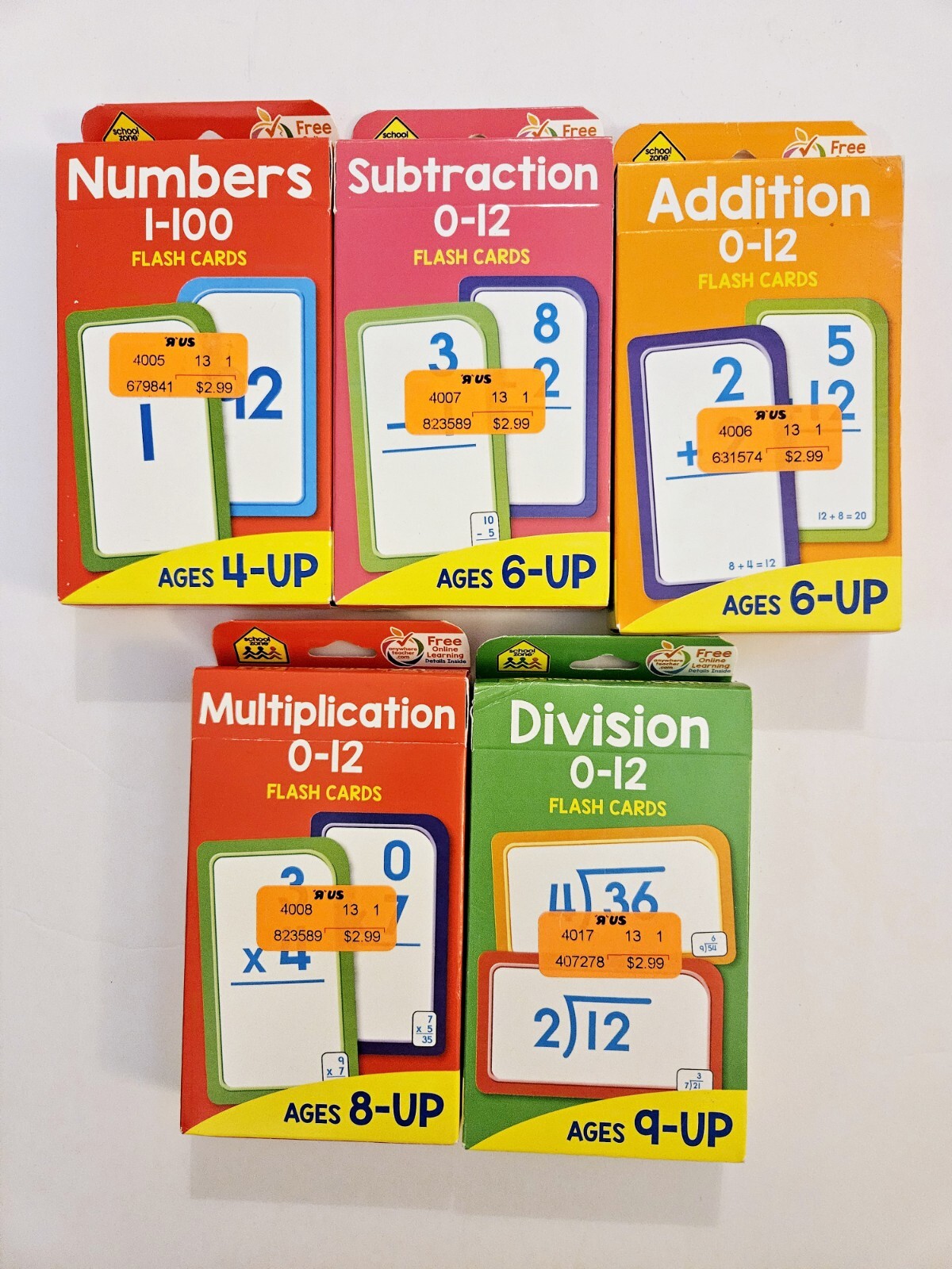5 Pack School Zone Flash Cards Ages 4 to 9+ Mathmatics & Numbers Toys-R-Us NIB