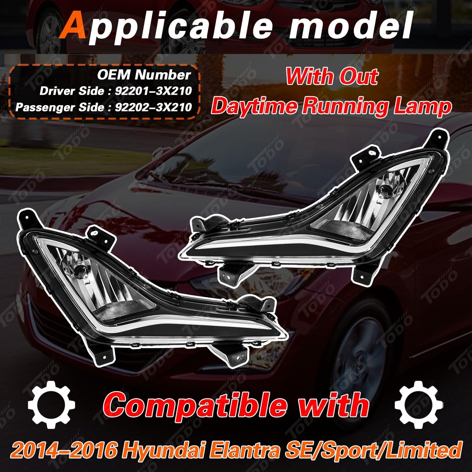 TODO Fog Lights Compatible With 2014-2016 Hyundai Elantra 92201-3X210 92202-3…