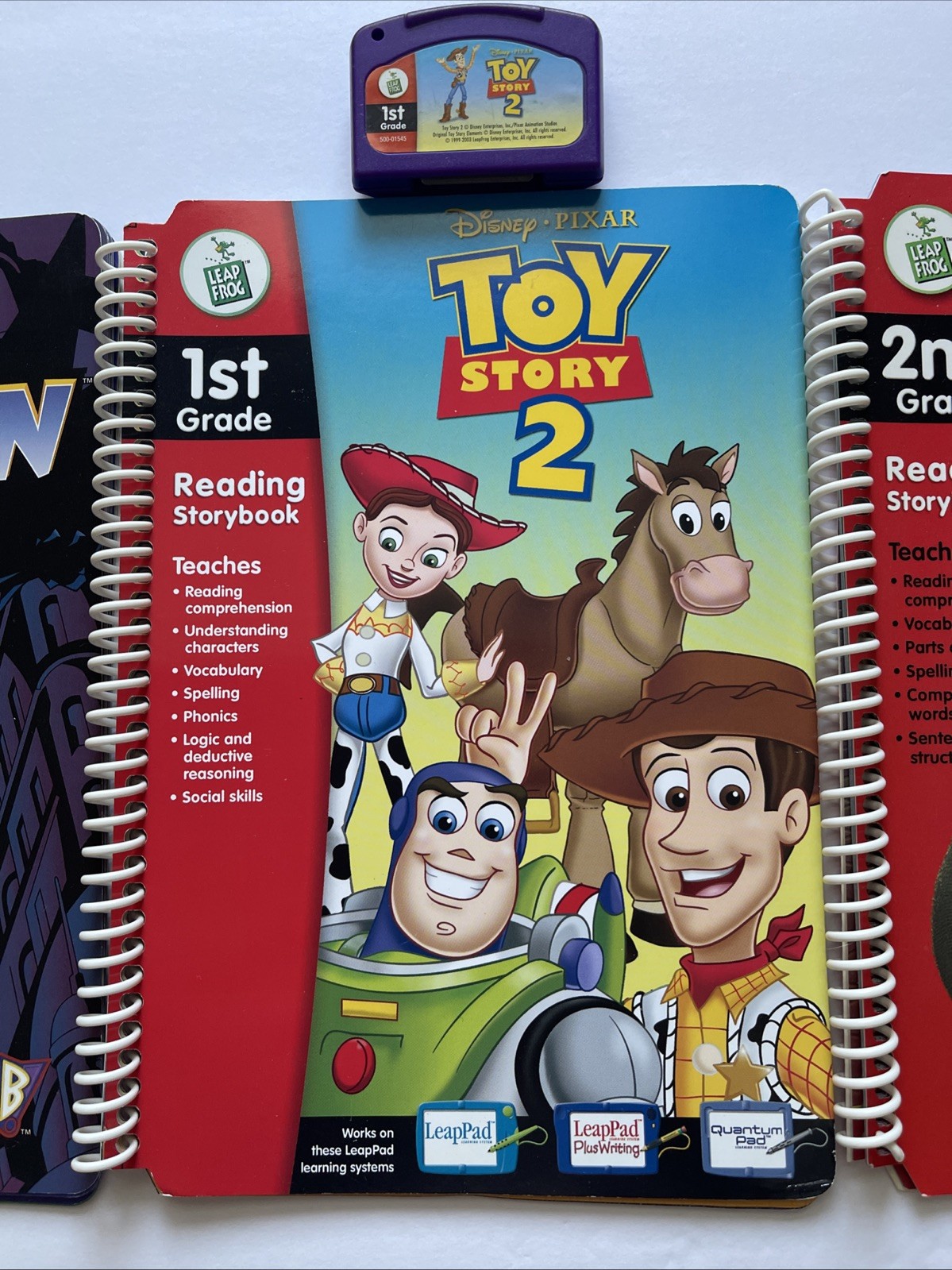 Leap Frog Pad 1st 2nd Grade Shrek 2, Toy Story 2, Batman Books & Cartridges Good