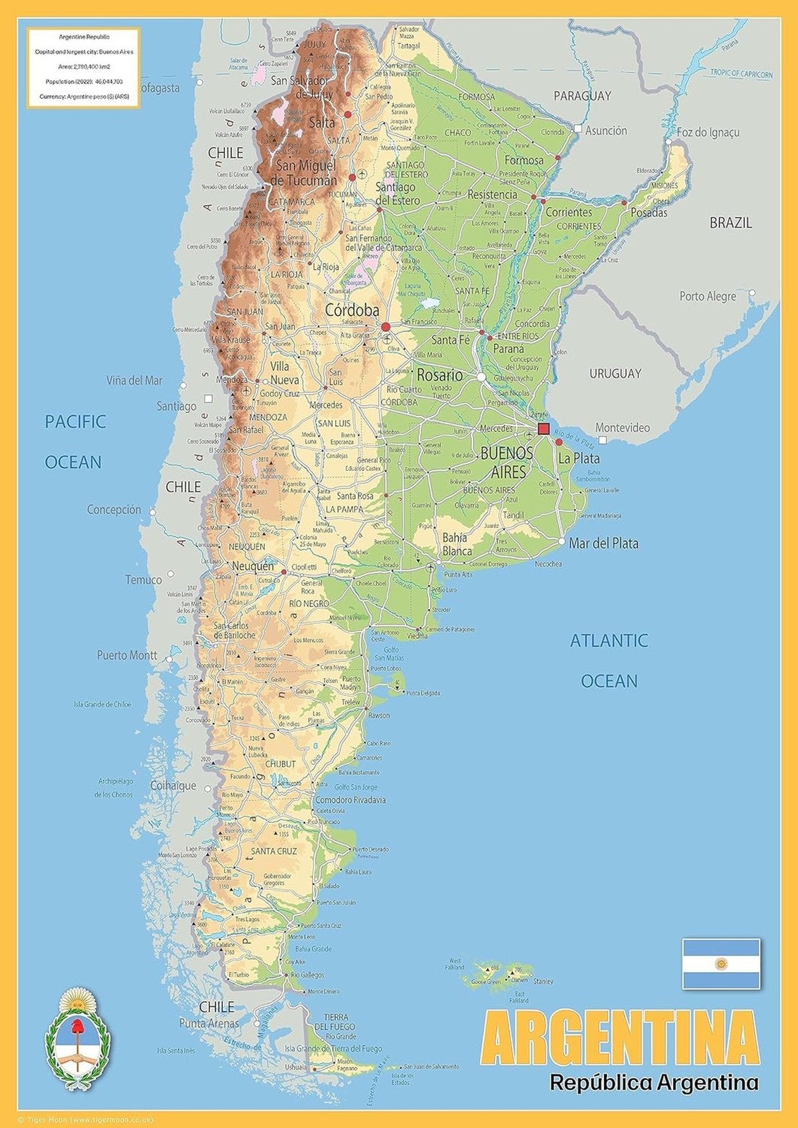 Argentina Physical Map – 23.3 x 16.5 Inches – Paper Laminated