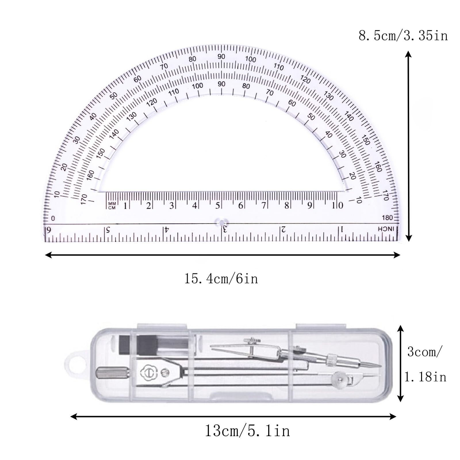 Protractor and Compass Set Silver Geometry Drawing Math School Tool Kit Supplies