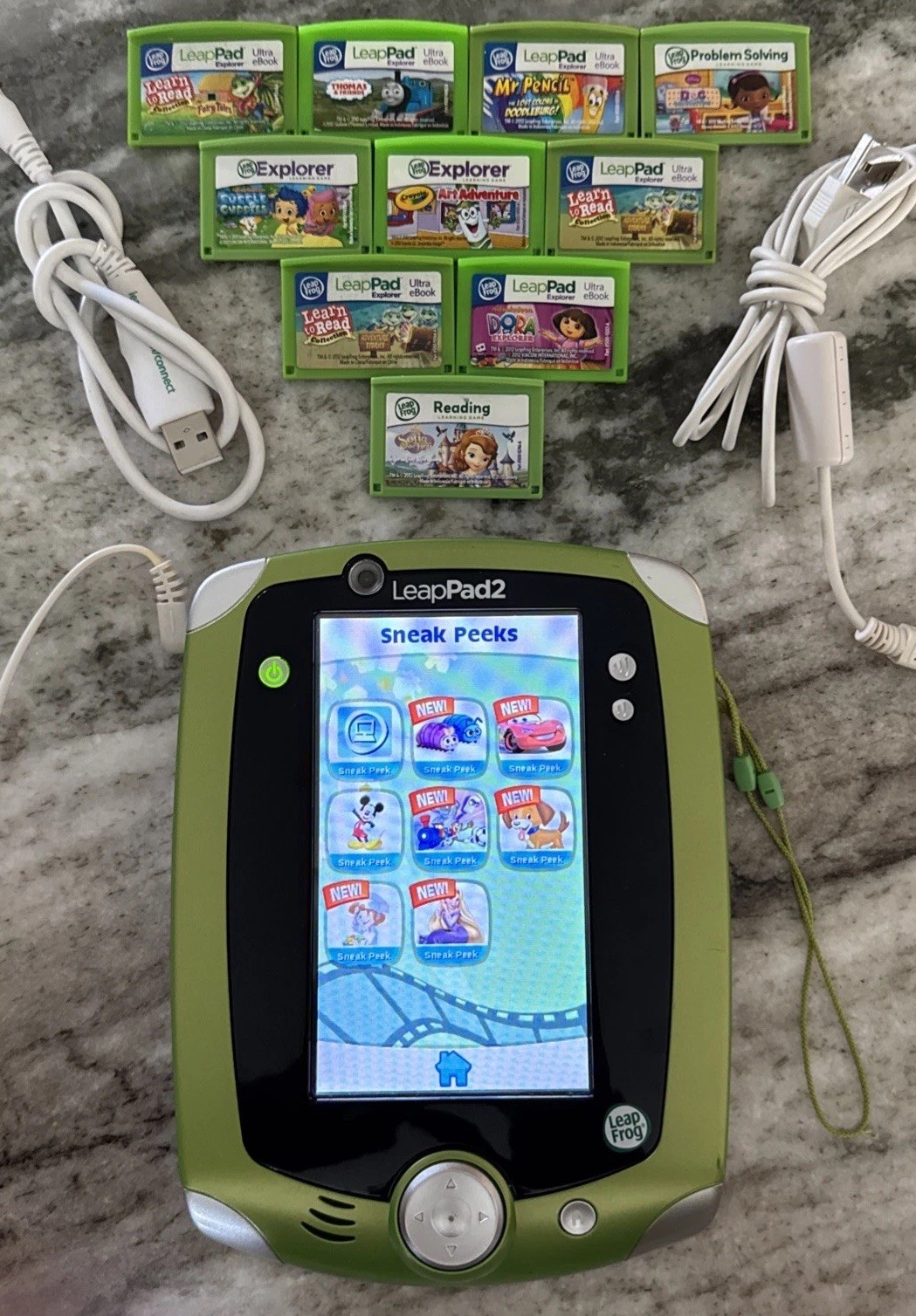 LeapFrog LeapPad 2 Green Kids Tablet + 10 Cartridges, Stylus, Extra USB Cord