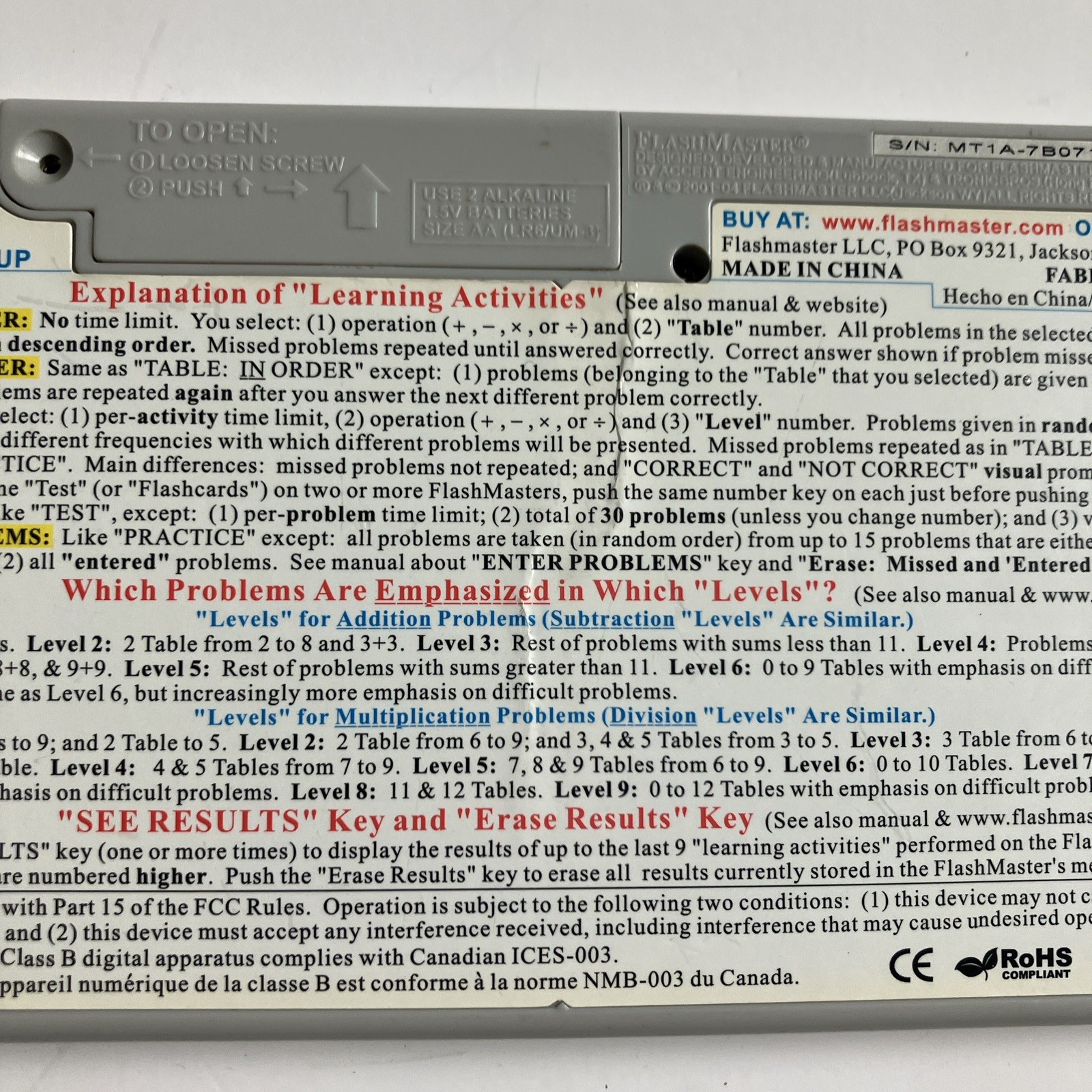 Flash Master Math Tables Electronic Learning Tool Model MT1A Tested Working A6
