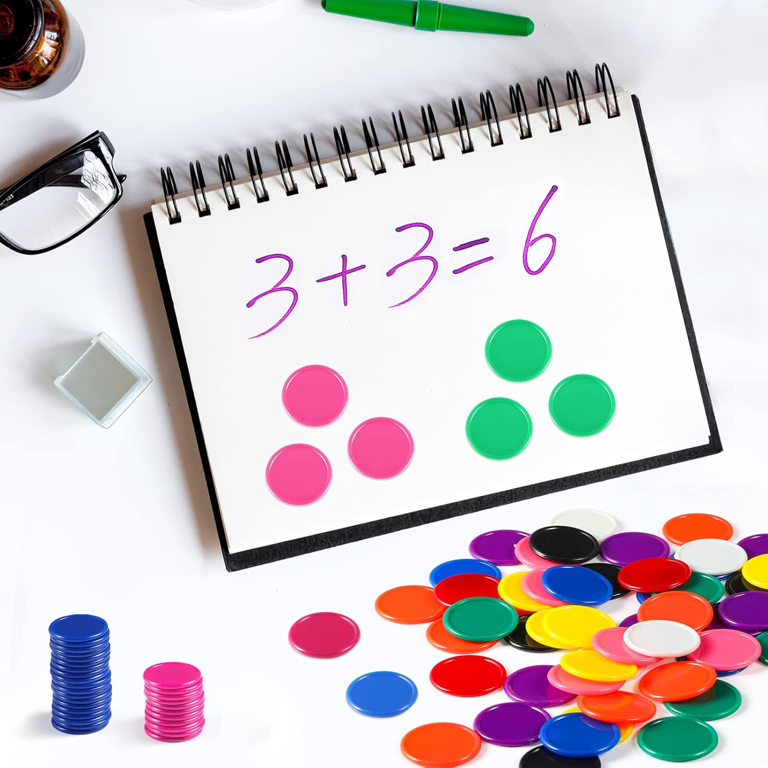 500 Pieces 1 Inch Bingo Chips Bulk, 10 Colors Bingo Markers for Math Practice, P