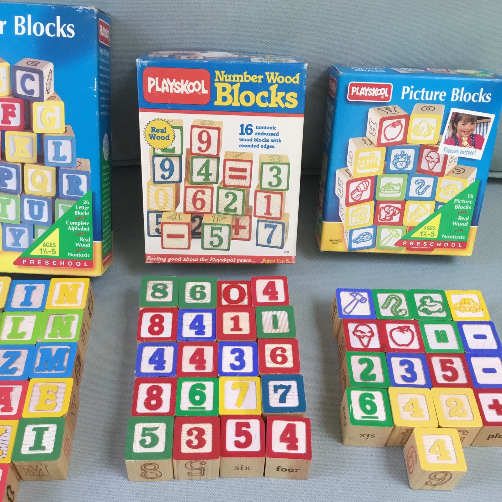 73 Vintage Wood Alphabet ABC Letter Building BLOCKS Playskool + Numbers Pictures