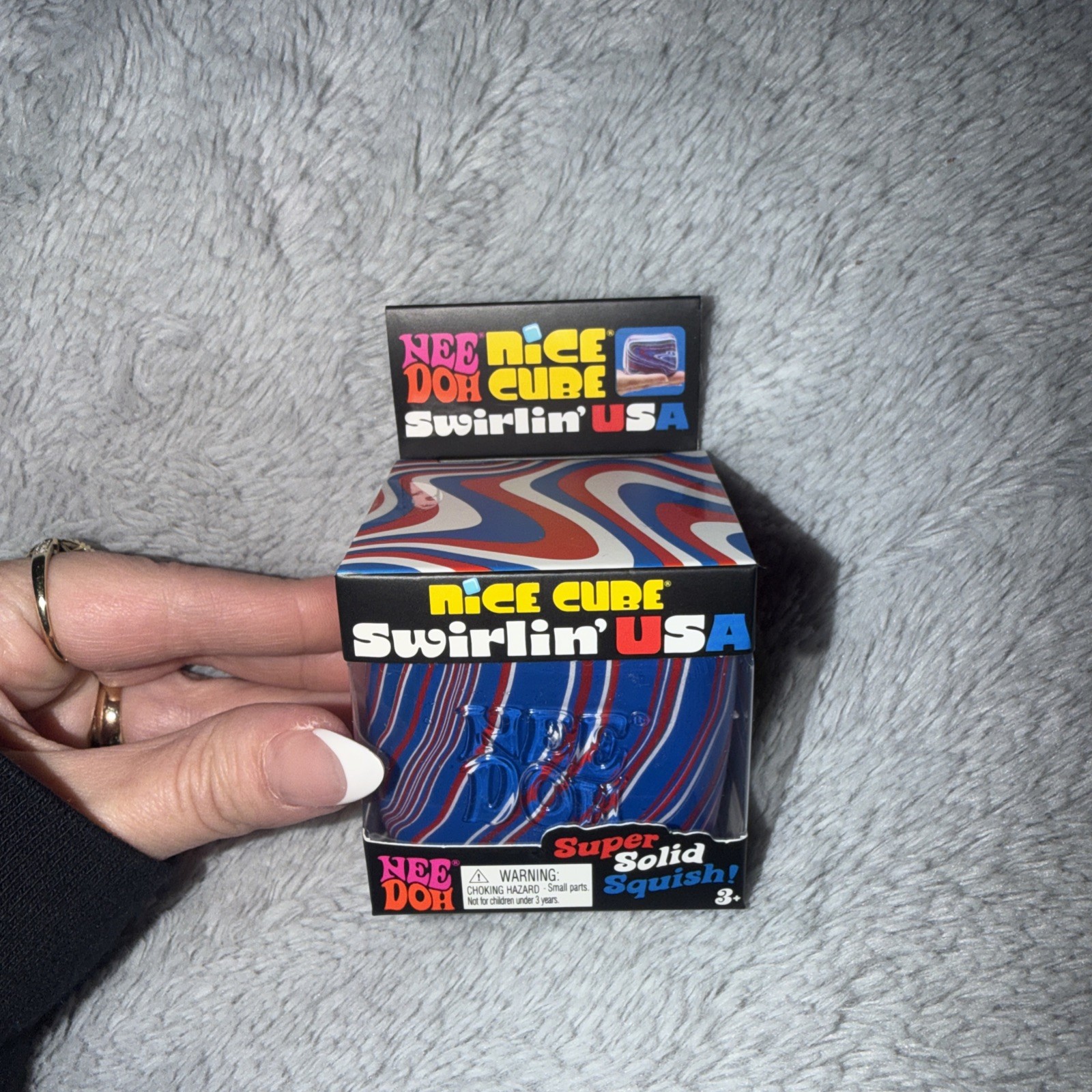 Nee Doh Nice Cube Swirlin’ USA Super Solid Squish Toy Blue Red White Squishy