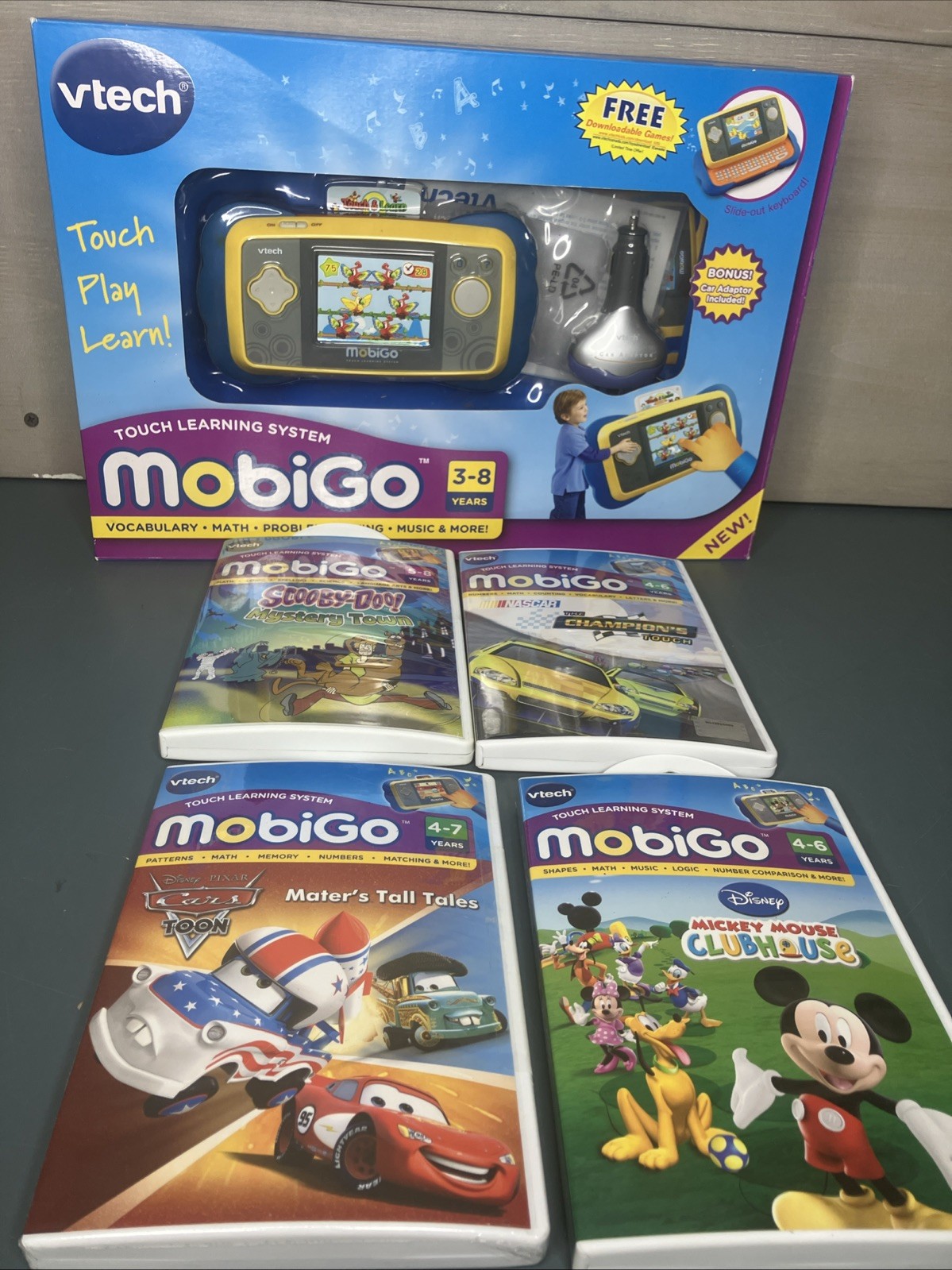 VTech MobiGo Touch Learning System Bundle + 5 Games + Car Adapter Tested