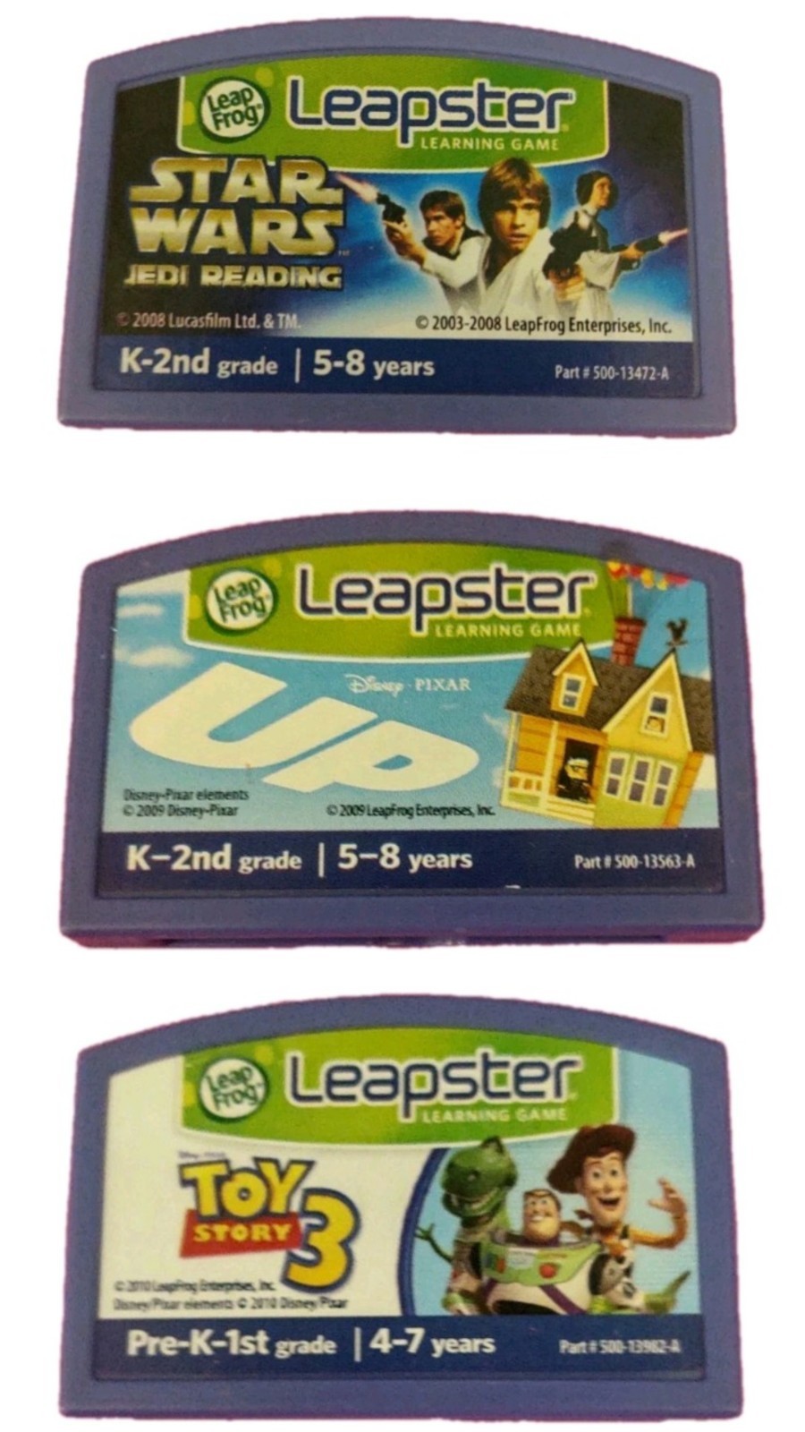 3pc. Leap Frog Leapster Game Cartridge Lot Star Wars Jedi Reading,Toy Story 3,UP
