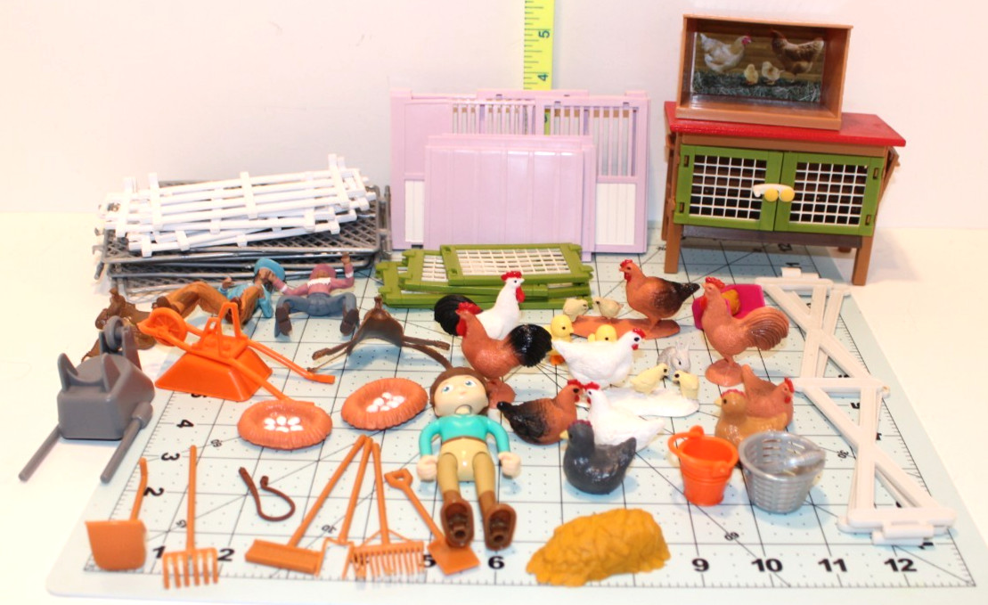 Schleich Rabbit Hatch, Hape Pony club, fences, chickens, tools, Farm Set