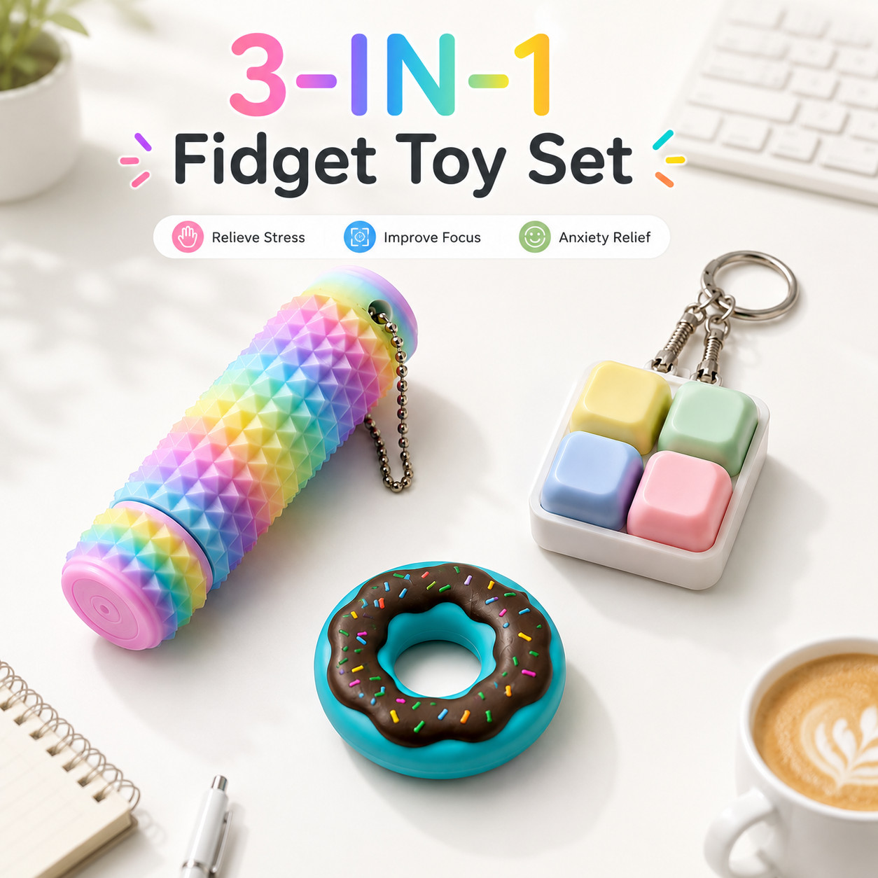 3Pcs Fidget Toys Pain Stimming 4 Button Clicker Keyboard Donut Magnetic Slider