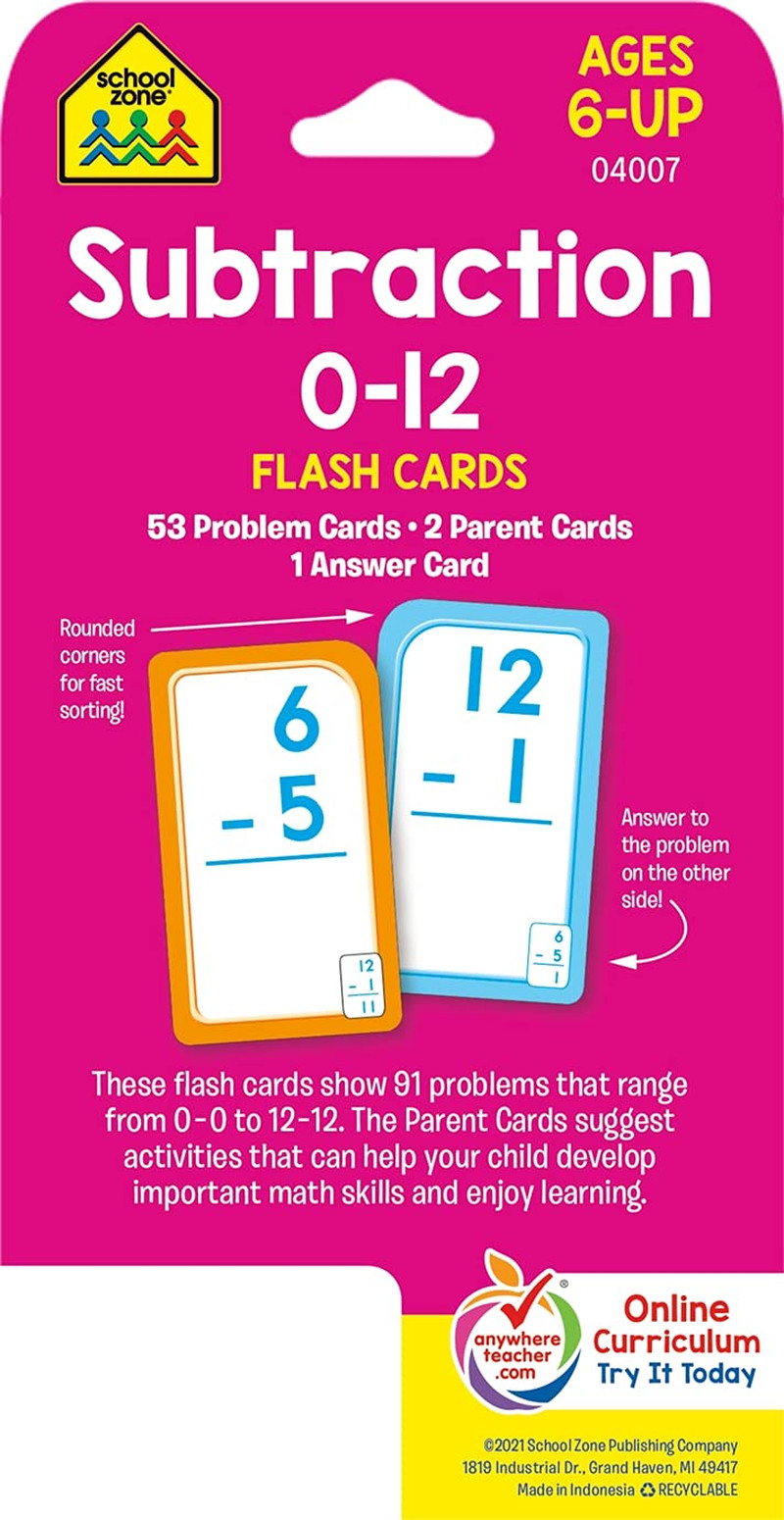 School Zone – Subtraction 0-12 Flash Cards – Ages 6 and Up, 1St Grade, 2Nd Grade