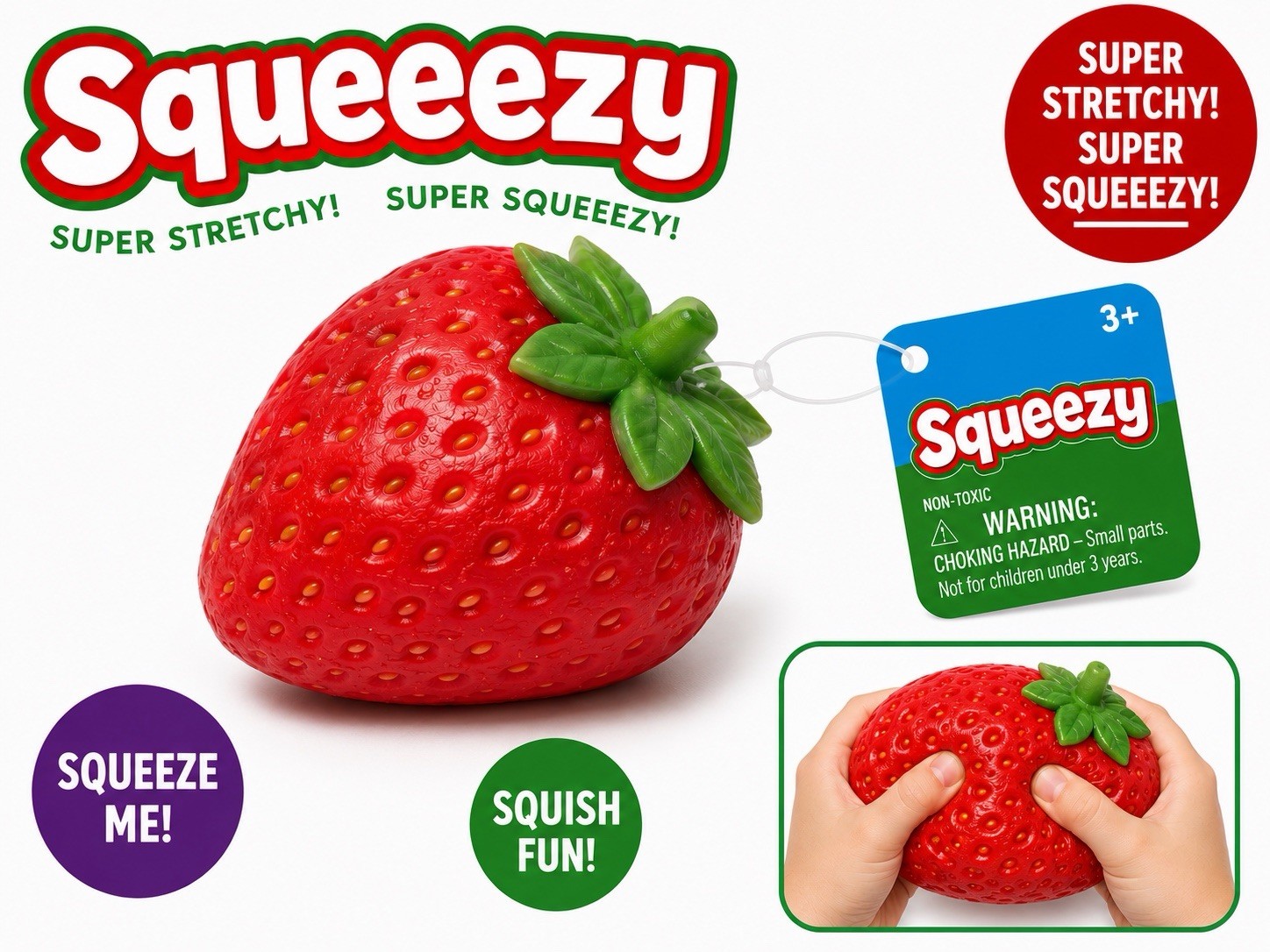 Squeezy Strawberry Squishy Squeeze Toy, Red/Green, Ages 3-11 (3+ Years)