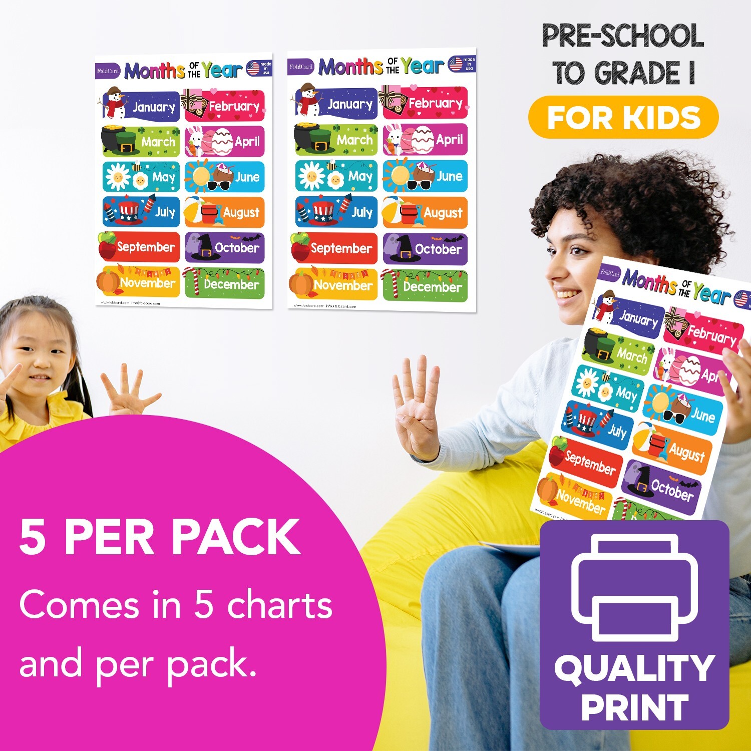 Months of the Year Educational Poster Learning Chart Classroom, 8.5 x 11, 5 QTY