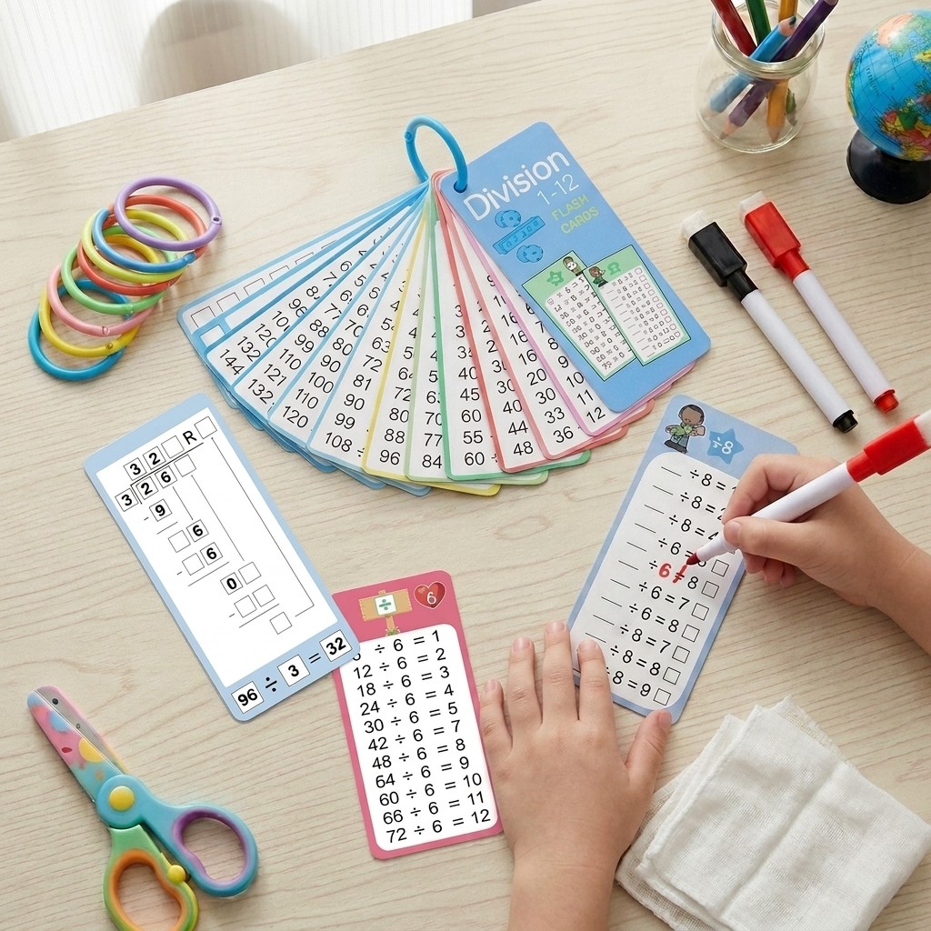 15 Division Math Flash Cards with 2 Markers & Ring for Kids Math Learning