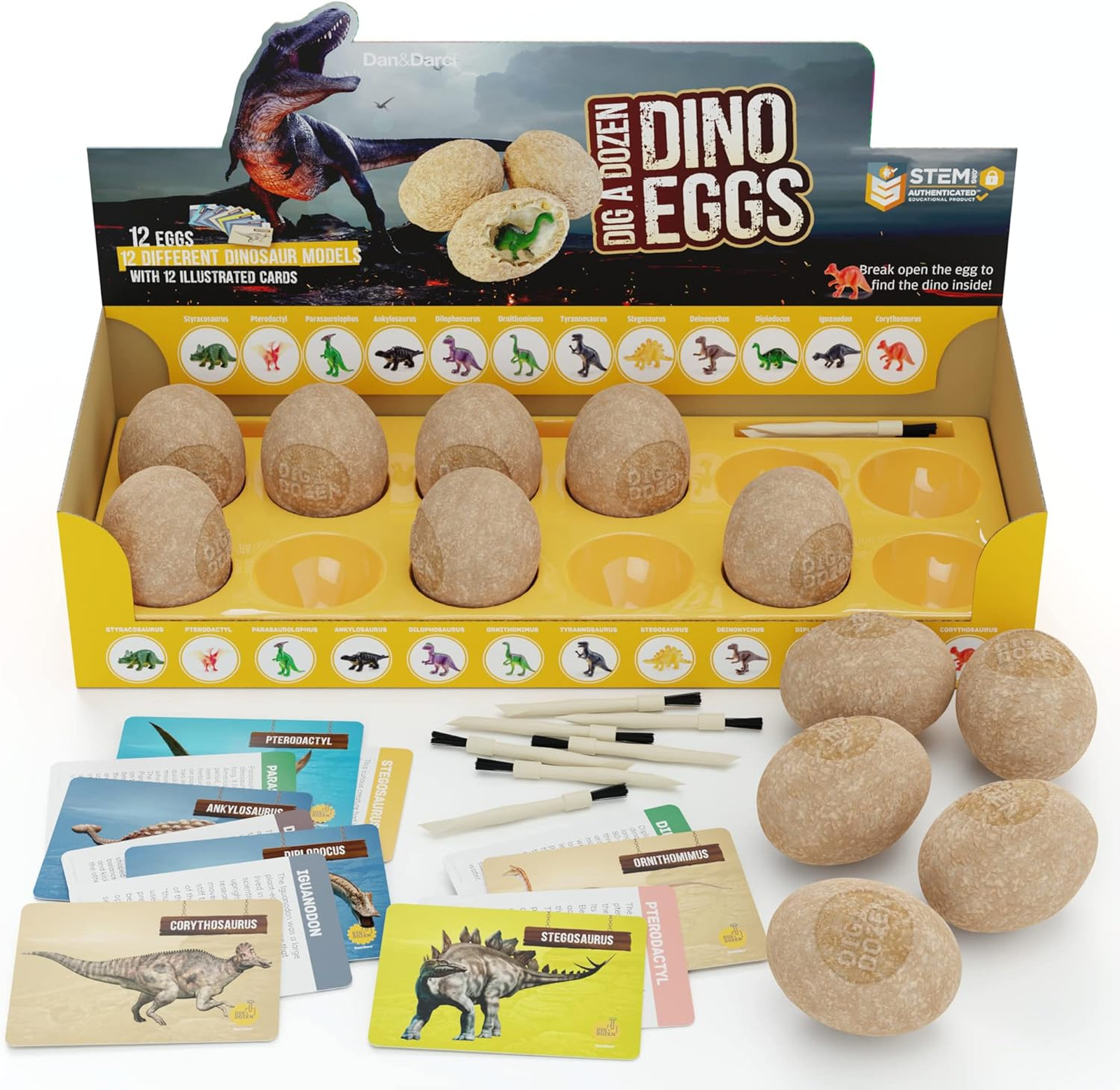 Dinosaur Dig Kit for Kids, 12 Dino Eggs, Fossil Excavation, STEM Science