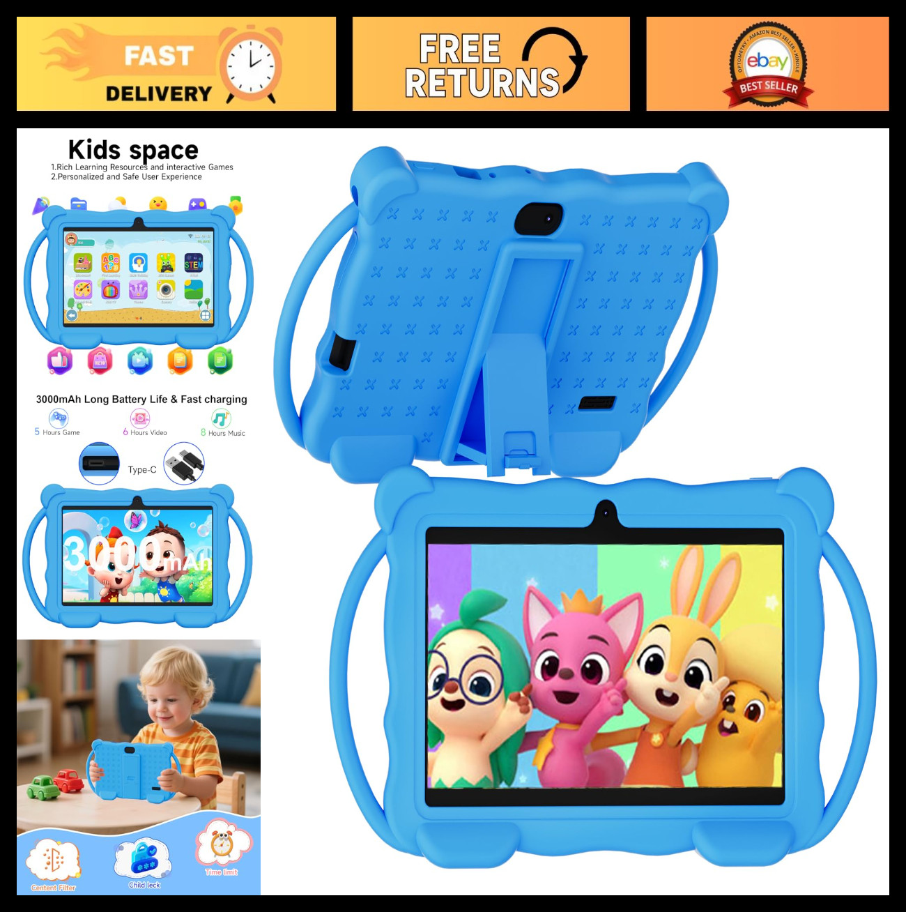 7″ Kids Tablet Android, 4GB RAM, 32GB Storage, Bluetooth, IPS Screen, Parental C