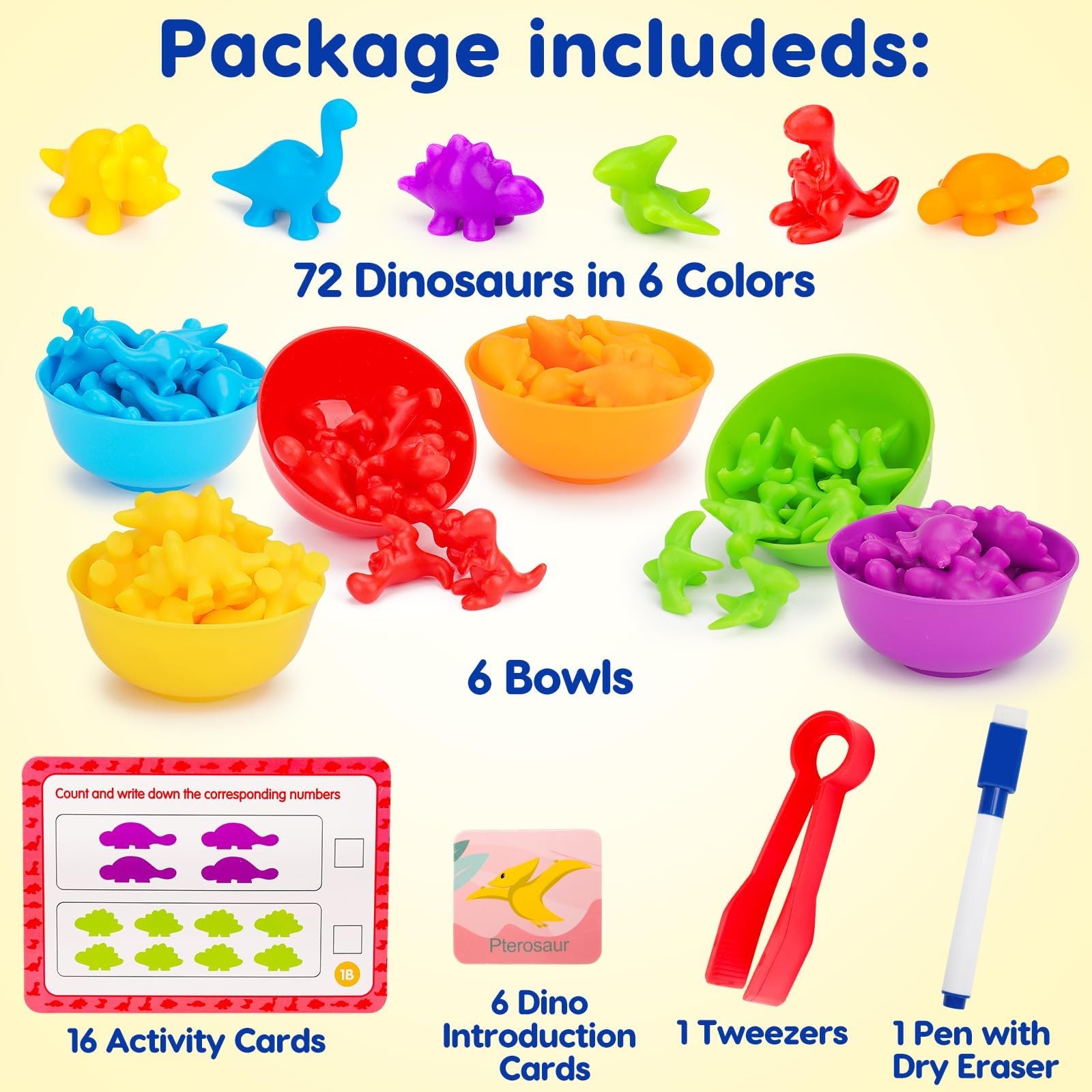 Counting Dinosaurs Montessori Toys for 3 4 5 Years Old Boys Small, 6 Bowls