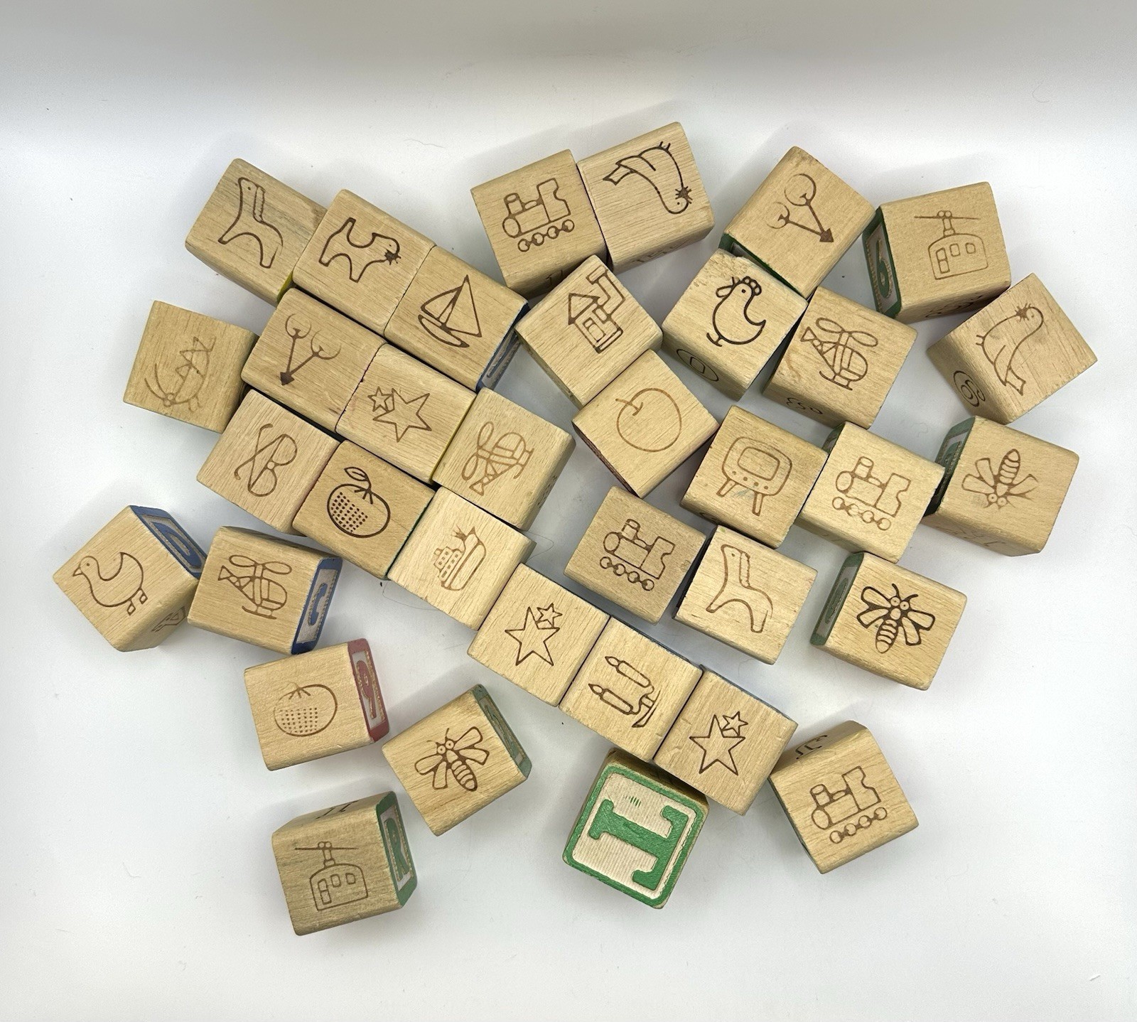Lot of 35 Vintage Wooden Alphabet Building Blocks Letters and Numbers Children