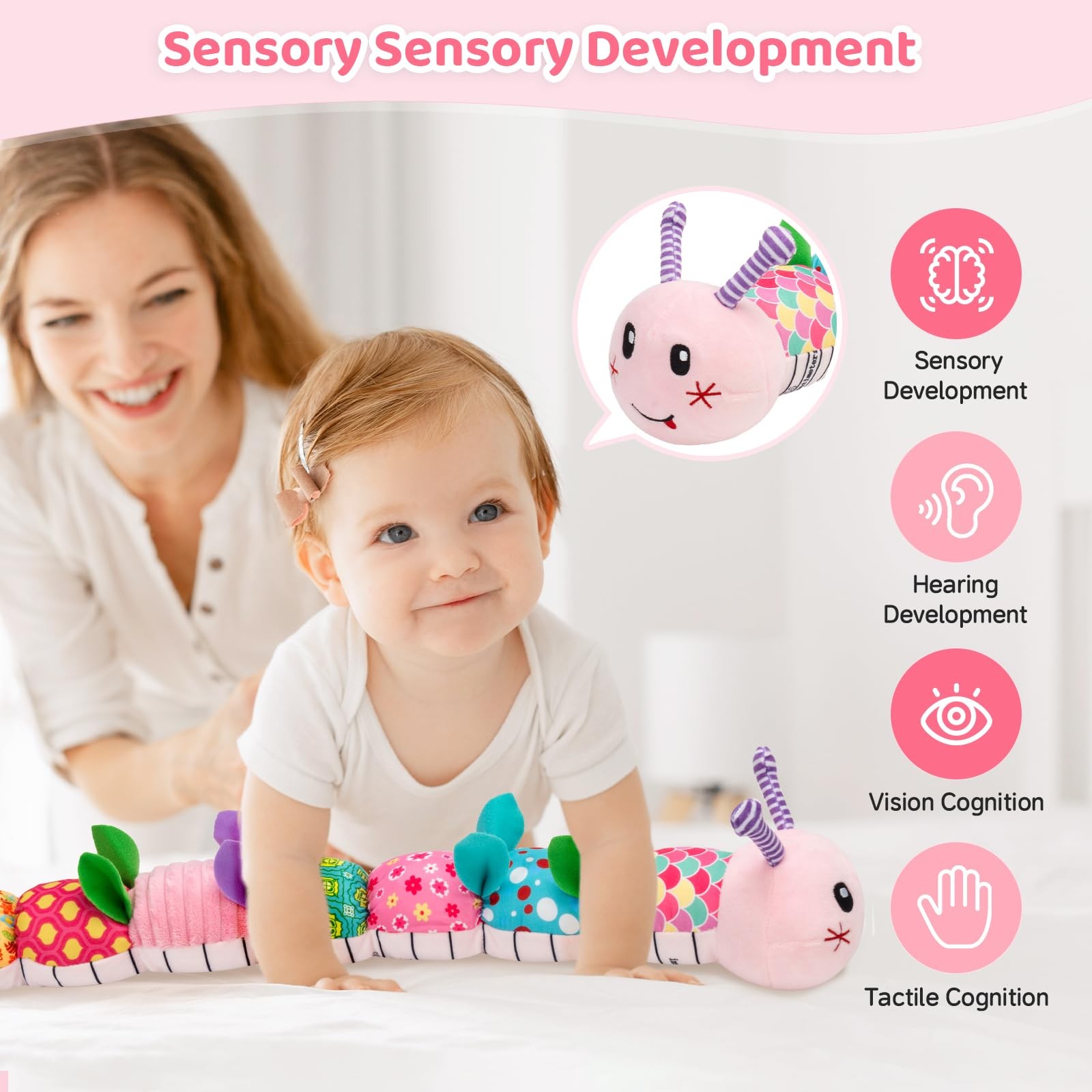 Baby Toys 0-12 Months, Caterpillar Musical Plush Stuffed Toy for Infant, pink