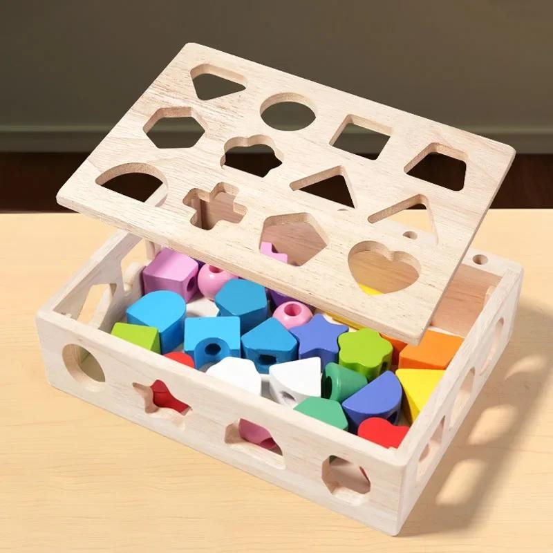 Montessori Wooden Sorting Blocks Color Shape Matching Educational Kids Early Toy