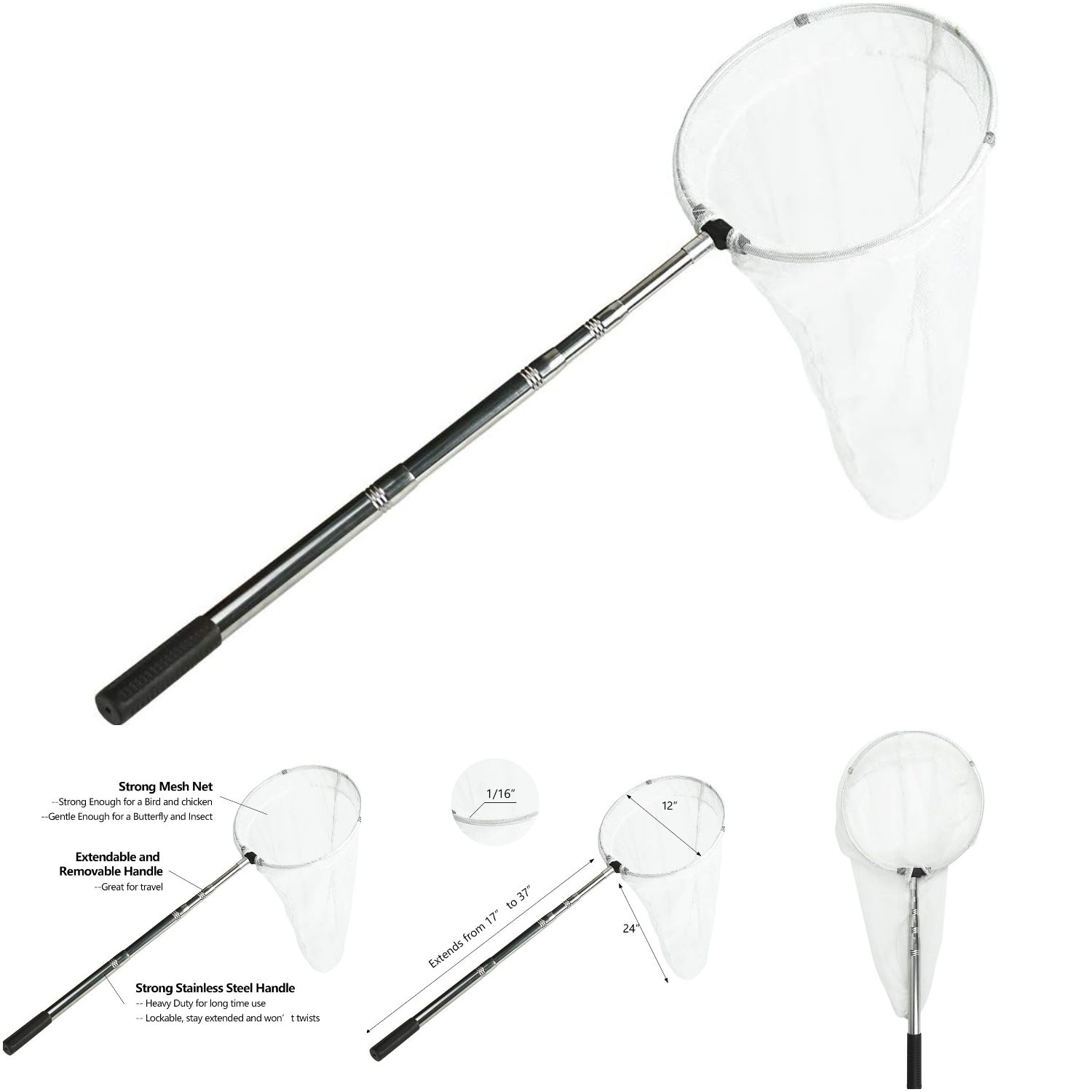 12 Inch Ring 24 Inch Net Depth Butterfly Insect Catching Net Extendable Handle