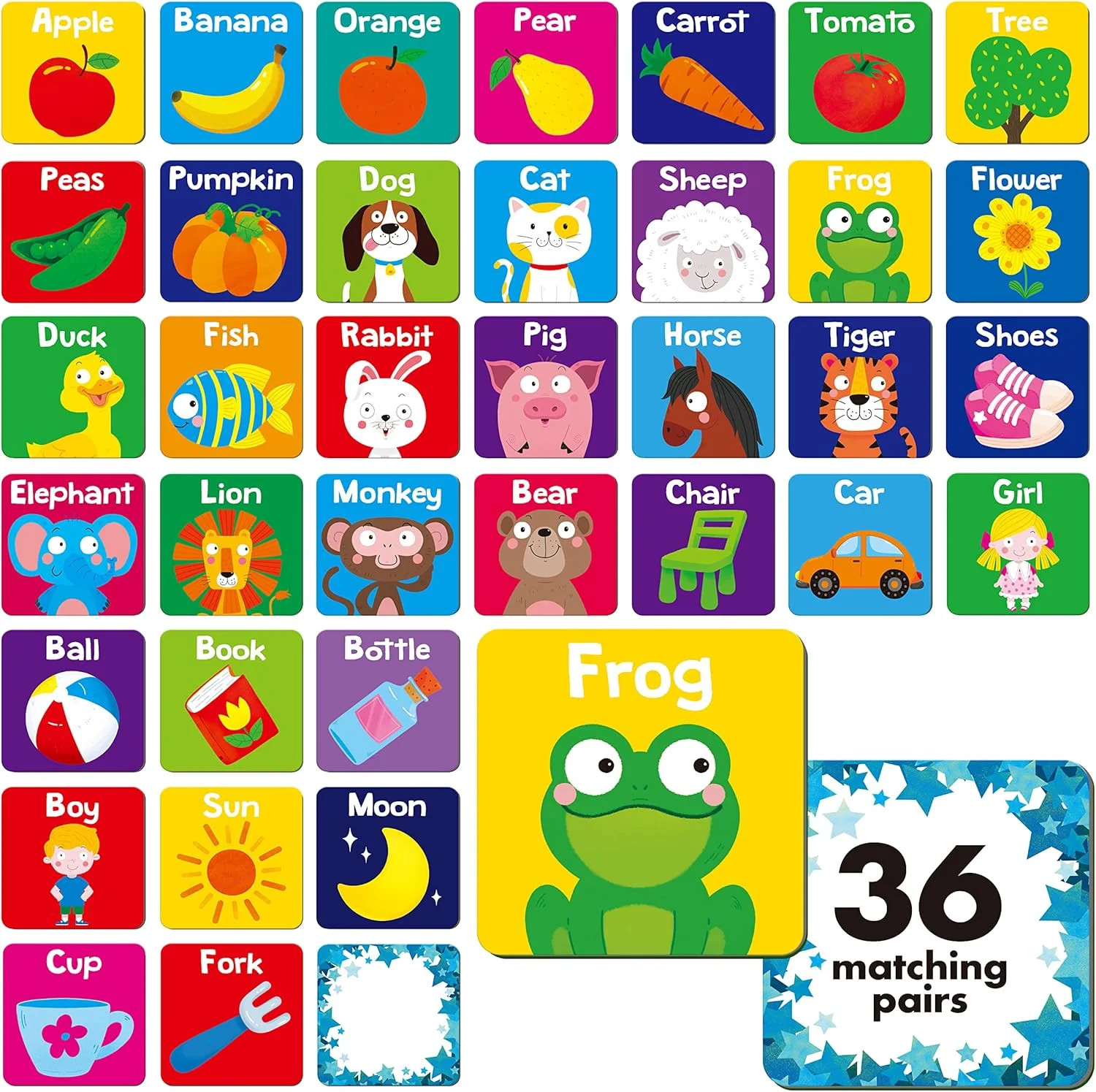 72 PCS First Words Memory Matching Game Toddler Cards 36 Pairs Kids Learning