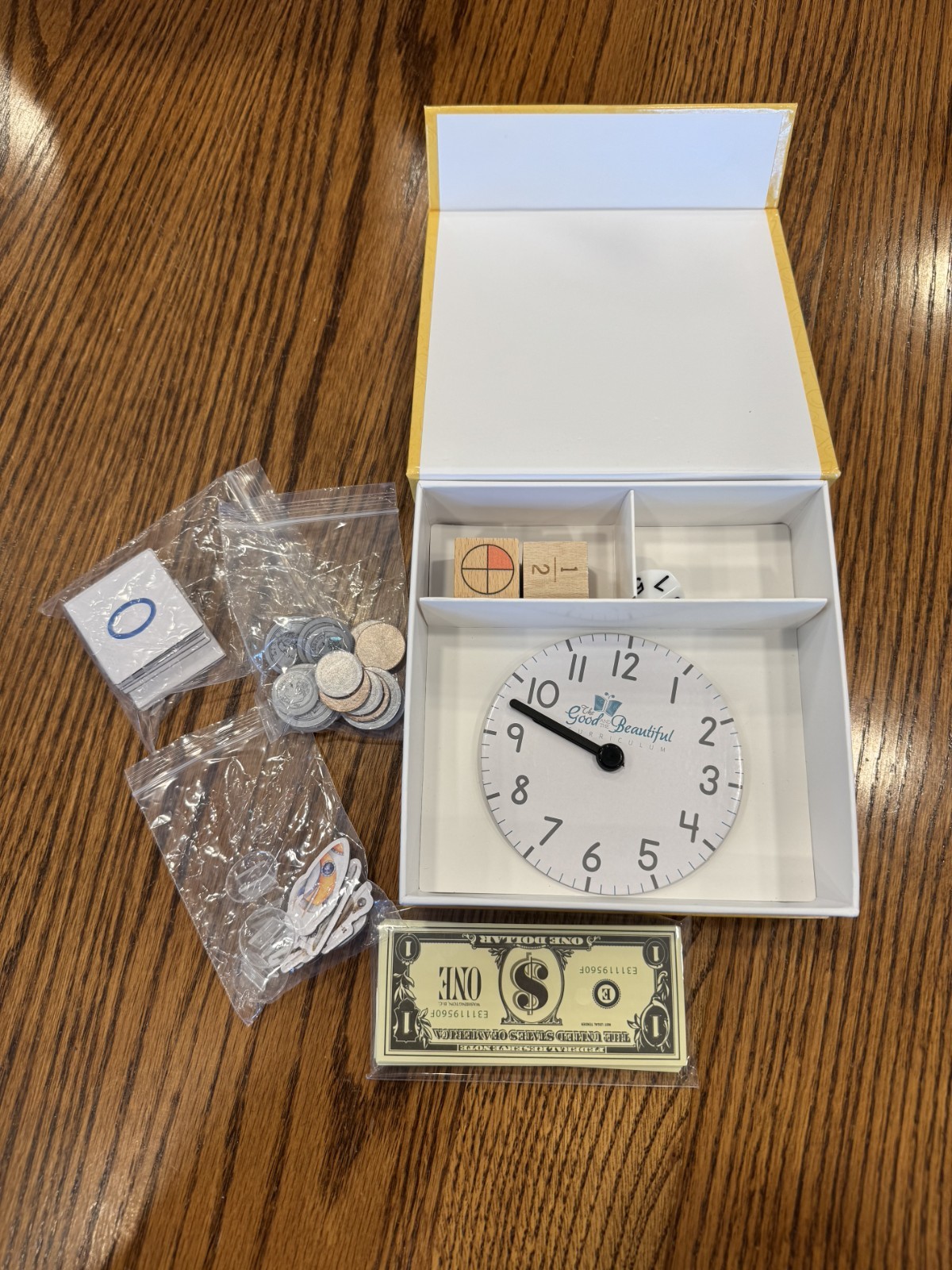 The Good and the Beautiful Math 2 Manipulatives Set w/ Play Money, Clock, Dice