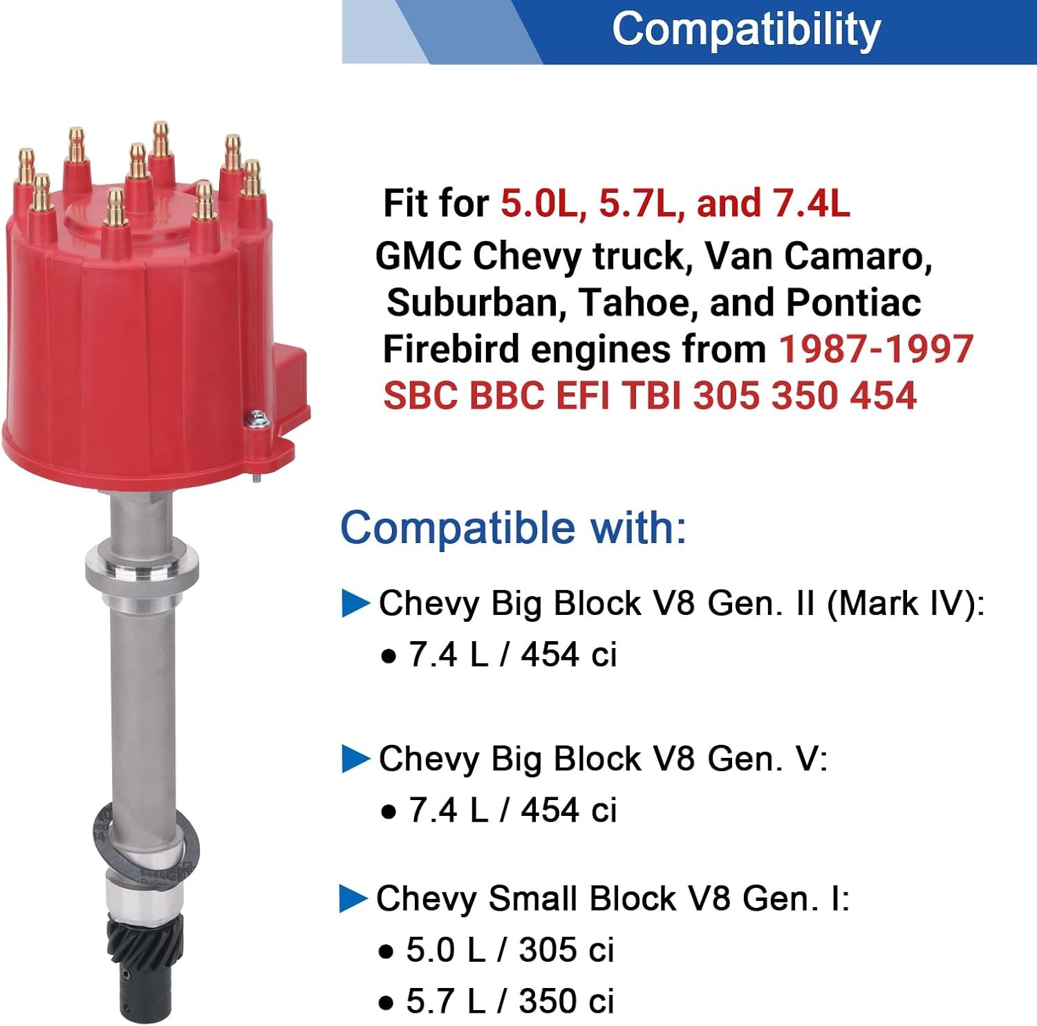 Ignition Distributor w/Cap & Rotor Big Blocks Small Blocks Compatible with 1987-